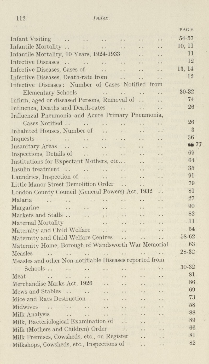 112 Index. PAGE Infant Visiting54-57 Infantile Mortality10,11 Infantile Mortality, 10 Years, 1924-1933 11 Infective Diseases 12 Infective Diseases, Cases of 13, 14 Infective Diseases, Death-rate from 12 Infective Diseases : Number of Cases Notified from Elementary Schools 30-32 Infirm, aged or diseased Persons, Removal of 74 Influenza, Deaths and Death-rates 26 Influenzal Pneumonia and Acute Primary Pneumonia, Cases Notified 26 Inhabited Houses, Number of 3 Inquests 36 Insanitary Areas 77 Inspections, Details of 69 Institutions for Expectant Mothers, etc 64 Insulin treatment 35 Laundries, Inspection of 91 Little Manor Street Demolition Order 79 London County Council (General Powers) Act, 1932 81 Malaria 27 Margarine 90 Markets and Stalls 82 Maternal Mortality 11 Maternity and Child Welfare 54 Maternity and Child Welfare Centres 58-62 Maternity Home, Borough of Wandsworth War Memorial 63 Measles 28-32 Measles and other Non-notifiable Diseases reported from Schools 30-32 Meat 81 Merchandise Marks Act, 1926 86 Mews and Stables 69 Mice and Rats Destruction 73 Midwives 58 Milk Analysis 88 Milk, Bacteriological Examination of 89 Milk (Mothers and Children) Order 66 Milk Premises, Cowsheds, etc., on Register 81 Milkshops, Cowsheds, etc., Inspections of 82