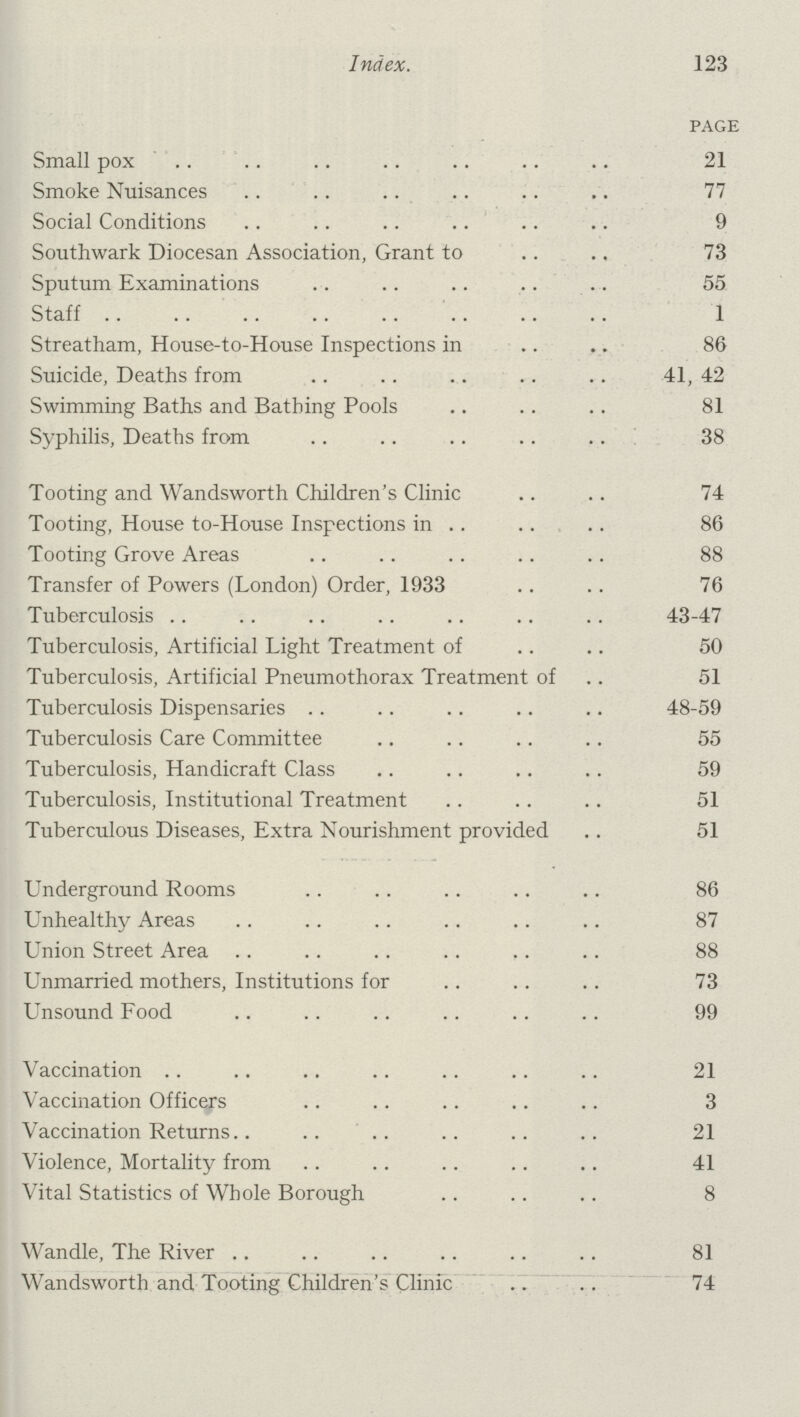 Index. 123 page Small pox 21 Smoke Nuisances 77 Social Conditions 9 Southwark Diocesan Association, Grant to 73 Sputum Examinations 55 Staff 1 Streatham, House-to-House Inspections in 86 Suicide, Deaths from 41, 42 Swimming Baths and Bathing Pools 81 Syphilis, Deaths from 38 Tooting and Wandsworth Children's Clinic 74 Tooting, House to-House Inspections in 86 Tooting Grove Areas 88 Transfer of Powers (London) Order, 1933 76 Tuberculosis 43-47 Tuberculosis, Artificial Light Treatment of 50 Tuberculosis, Artificial Pneumothorax Treatment of 51 Tuberculosis Dispensaries 48-59 Tuberculosis Care Committee 55 Tuberculosis, Handicraft Class 59 Tuberculosis, Institutional Treatment 51 Tuberculous Diseases, Extra Nourishment provided 51 Underground Rooms 86 Unhealthy Areas 87 Union Street Area 88 Unmarried mothers, Institutions for 73 Unsound Food 99 Vaccination 21 Vaccination Offices 3 Vaccination Returns 21 Violence, Mortality from 41 Vital Statistics of Whole Borough 8 Wandle, The River 81 Wandsworth and Tooting Children's Clinic 74