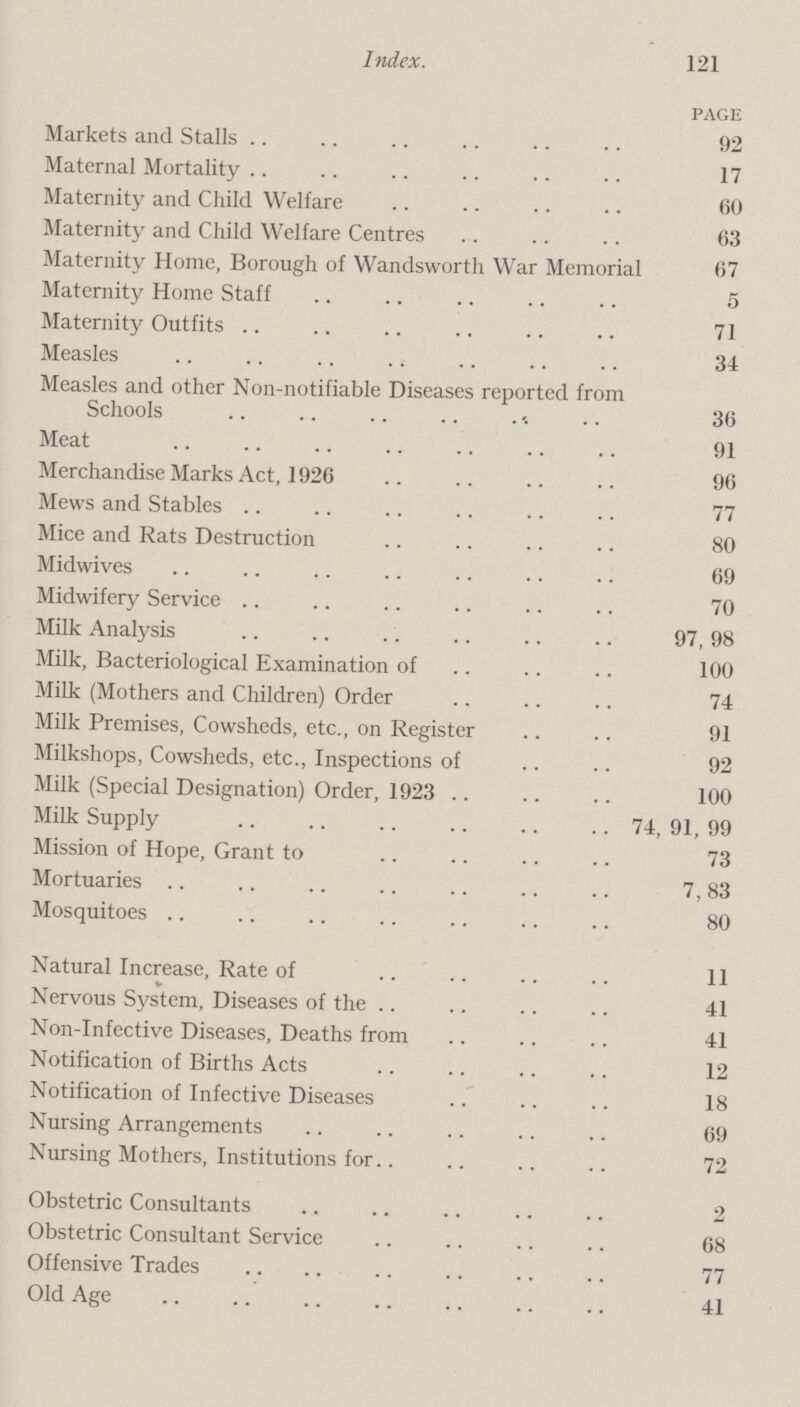 121 Index. PAGE Markets and Stalls 92 Maternal Mortality 17 Maternity and Child Welfare 60 Maternity and Child Welfare Centres 63 Maternity Home, Borough of Wandsworth War Memorial 67 Maternity Home Staff 5 Maternity Outfits 71 Measles 34 Measles and other Non-notifiable Diseases reported from Schools 36 Meat 91 Merchandise Marks Act, 1926 96 Mews and Stables 77 Mice and Rats Destruction 80 Midwives 69 Midwifery Service 70 Milk Analysis 97,98 Milk, Bacteriological Examination of 100 Milk (Mothers and Children) Order 74 Milk Premises, Cowsheds, etc., on Register 91 Milkshops, Cowsheds, etc., Inspections of 92 Milk (Special Designation) Order, 1923 100 Milk Supply 74, 91, 99 Mission of Hope, Grant to 73 Mortuaries 7,83 Mosquitoes 80 Natural Increase, Rate of 11 Nervous System, Diseases of the 41 Non-Infective Diseases, Deaths from 41 Notification of Births Acts 12 Notification of Infective Diseases 18 Nursing Arrangements 69 Nursing Mothers, Institutions for 72 Obstetric Consultants 2 Obstetric Consultant Service 68 Offensive Trades 77 Old Age 41