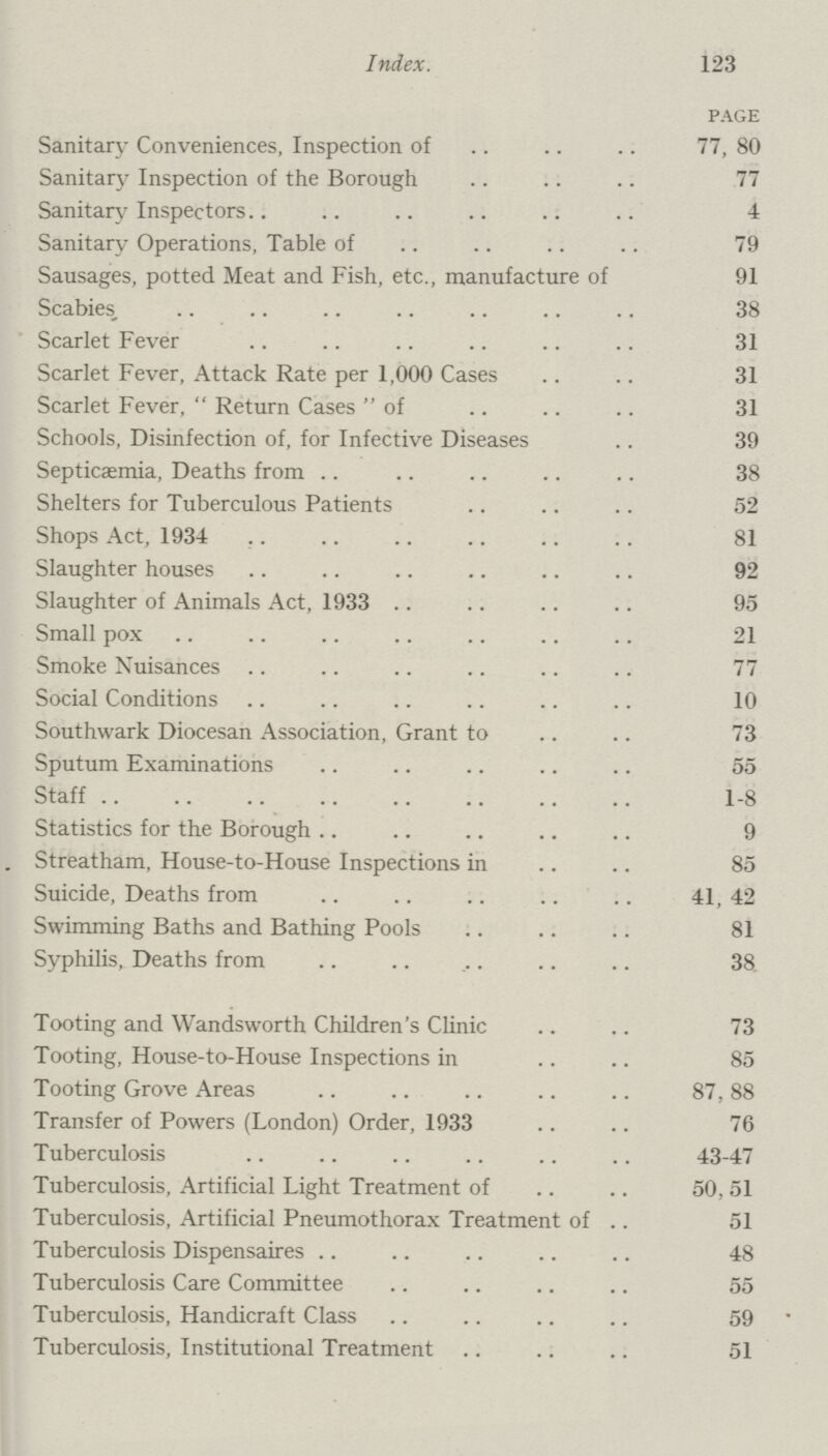 123 Index. PAGE Sanitary Conveniences, Inspection of 77, 80 Sanitary Inspection of the Borough 77 Sanitary Inspectors 4 Sanitary Operations, Table of 79 Sausages, potted Meat and Fish, etc., manufacture of 91 Scabies, 38 Scarlet Fever 31 Scarlet Fever, Attack Rate per 1,000 Cases 31 Scarlet Fever,  Return Cases of 31 Schools, Disinfection of, for Infective Diseases 39 Septicaemia, Deaths from 38 Shelters for Tuberculous Patients 52 Shops Act, 1934 81 Slaughter houses 92 Slaughter of Animals Act, 1933 95 Small pox 21 Smoke Nuisances 77 Social Conditions 10 Southwark Diocesan Association, Grant to 73 Sputum Examinations 55 Staff 1-8 Statistics for the Borough 9 . Streatham, House-to-House Inspections in 85 Suicide, Deaths from 41,42 Swimming Baths and Bathing Pools 81 Syphilis, Deaths from . 38. Tooting and Wandsworth Children's Clinic 73 Tooting, House-to-House Inspections in 85 Tooting Grove Areas 87,88 Transfer of Powers (London) Order, 1933 76 Tuberculosis 43-47 Tuberculosis, Artificial Light Treatment of 50, 51 Tuberculosis, Artificial Pneumothorax Treatment of 51 Tuberculosis Dispensaires 48 Tuberculosis Care Committee 55 Tuberculosis, Handicraft Class 59 Tuberculosis, Institutional Treatment 51
