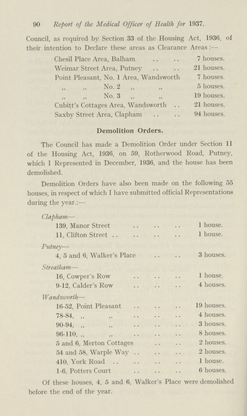 90 Report of the Medical Officer of Health for 1937. Council, as required by Section 33 of the Housing Act, 1936, of their intention to Declare these areas as Clearance Areas:— Chesil Place Area, Balham 7 houses. Weimar Street Area, Putney 21 houses. Point Pleasant, No. 1 Area, Wandsworth 7 houses. No. 2 ,, 5 houses. ,, ,, No. 3 „ ,, 19 houses. Cubitt's Cottages Area, Wandsworth 21 houses. Saxby Street Area, Clapham 94 houses. Demolition Orders. The Council has made a Demolition Order under Section 11 of the Housing Act, 1936, on 59, Rotherwood Road, Putney, which I Represented in December, 1936, and the house has been demolished. Demolition Orders have also been made on the following 55 houses, in respect of which I have submitted official Representations during the year.:— Clapham— 139, Manor Street 1 house. 11, Clifton Street 1 house. Putney— 4, 5 and 6, Walker's Place 3 houses. Streatham— 16, Cowper's Row 1 house. 9-12, Calder's Row 4 houses. Wandsworth— 16-52, Point Pleasant 19 houses. 78-84, „ ,, 4 houses. 90-94, ,, „ 3 houses. 96-110, „ ,, 8 houses. 5 and 6, Merton Cottages 2 houses. 54 and 58, Warple Way 2 houses. 410, York Road 1 house. 1-6, Potters Court 6 houses. Of these houses, 4, 5 and 6, Walker's Place were demolished before the end of the year.