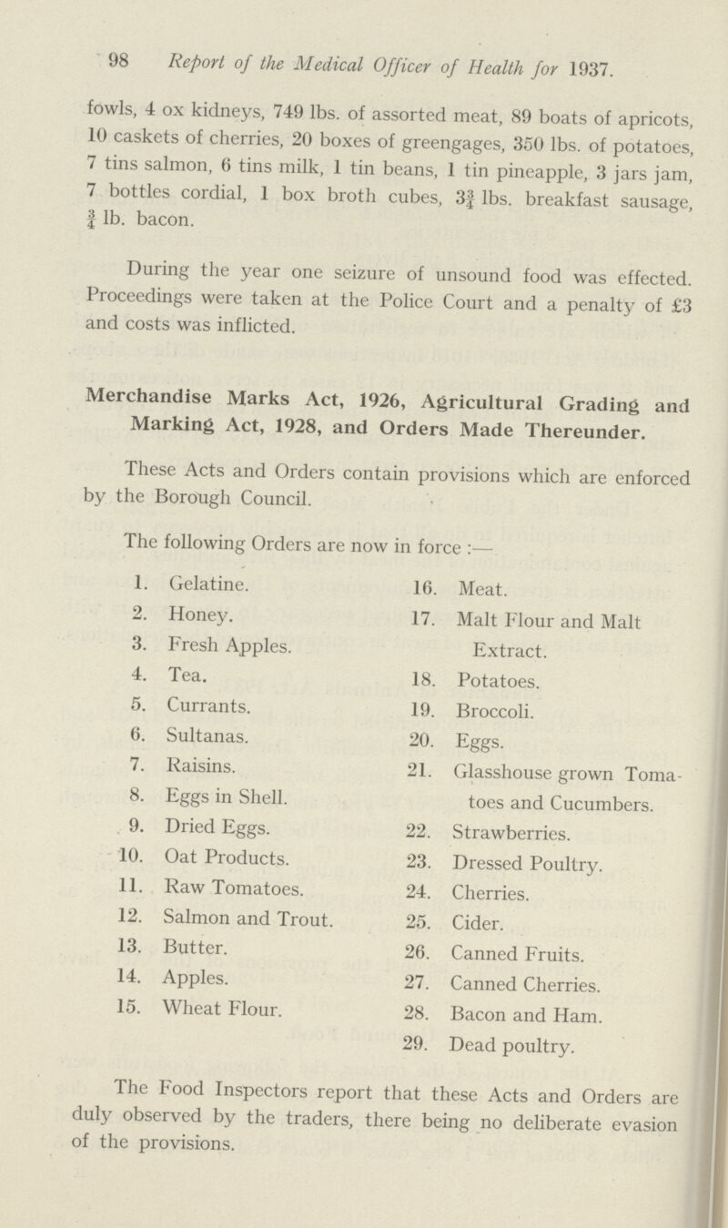 98 Report of the Medical Officer of Health for 1937. fowls, 4 ox kidneys, 749 lbs. of assorted meat, 89 boats of apricots, 10 caskets of cherries, 20 boxes of greengages, 350 lbs. of potatoes, 7 tins salmon, 6 tins milk, 1 tin beans, 1 tin pineapple, 3 jars jam, 7 bottles cordial, 1 box broth cubes, 3¾ lbs. breakfast sausage, f lb. bacon. During the year one seizure of unsound food was effected. Proceedings were taken at the Police Court and a penalty of £3 and costs was inflicted. Merchandise Marks Act, 1926, Agricultural Grading and Marking Act, 1928, and Orders Made Thereunder. These Acts and Orders contain provisions which are enforced by the Borough Council. The following Orders are now in force :— 1. Gelatine. 2. Honey. 3. Fresh Apples. 4. Tea. 5. Currants. 6. Sultanas. 7. Raisins. 8. Eggs in Shell. 9. Dried Eggs. 10. Oat Products. 11. Raw Tomatoes. 12. Salmon and Trout. 13. Butter. 14. Apples. 15. Wheat Flour. 16. Meat. 17. Malt Flour and Malt Extract. 18. Potatoes. 19. Broccoli. 20. Eggs. 21. Glasshouse grown Tom toes and Cucumbers. 22. Strawberries. 23. Dressed Poultry. 24. Cherries. 25. Cider. 26. Canned Fruits. 27. Canned Cherries. 28. Bacon and Ham. 29. Dead poultry. The Food Inspectors report that these Acts and Orders are duly observed by the traders, there being no deliberate evasion of the provisions.