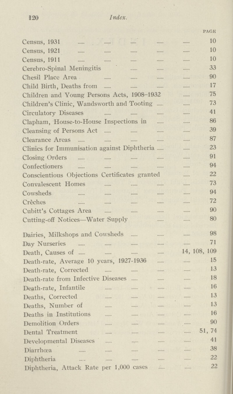 120 Index. pack Census, 1931 10 Census, 1921 10 Census, 1911 10 Cerebro-Spinal Meningitis 33 Chesil Place Area 90 Child Birth, Deaths from 17 Children and Young Persons Acts, 1908-1932 75 Children's Clinic, Wandsworth and Tooting 73 Circulatory Diseases . 41 Clapham, House-to-House Inspections in 86 Cleansing of Persons Act 39 Clearance Areas 87 Clinics for Immunisation against Diphtheria 23 Closing Orders 91 Confectioners 94 Conscientious Objections Certificates granted 22 Convalescent Homes 73 Cowsheds 94 Cr&ches 72 Cubitt's Cottages Area 90 Cutting-off Notices—Water Supply 80 Dairies, Milkshops and Cowsheds 98 Day Nurseries 71 Death, Causes of 14, 108, 109 Death-rate, Average 10 years, 1927-1936 15 Death-rate, Corrected 13 Death-rate from Infective Diseases 18 Death-rate, Infantile 16 Deaths, Corrected 13 Deaths, Number of 13 Deaths in Institutions 16 Demolition Orders 90 Dental Treatment 51,74 Developmental Diseases 41 Diarrhoea 38 Diphtheria 22 Diphtheria, Attack Rate per 1,000 cases . 22