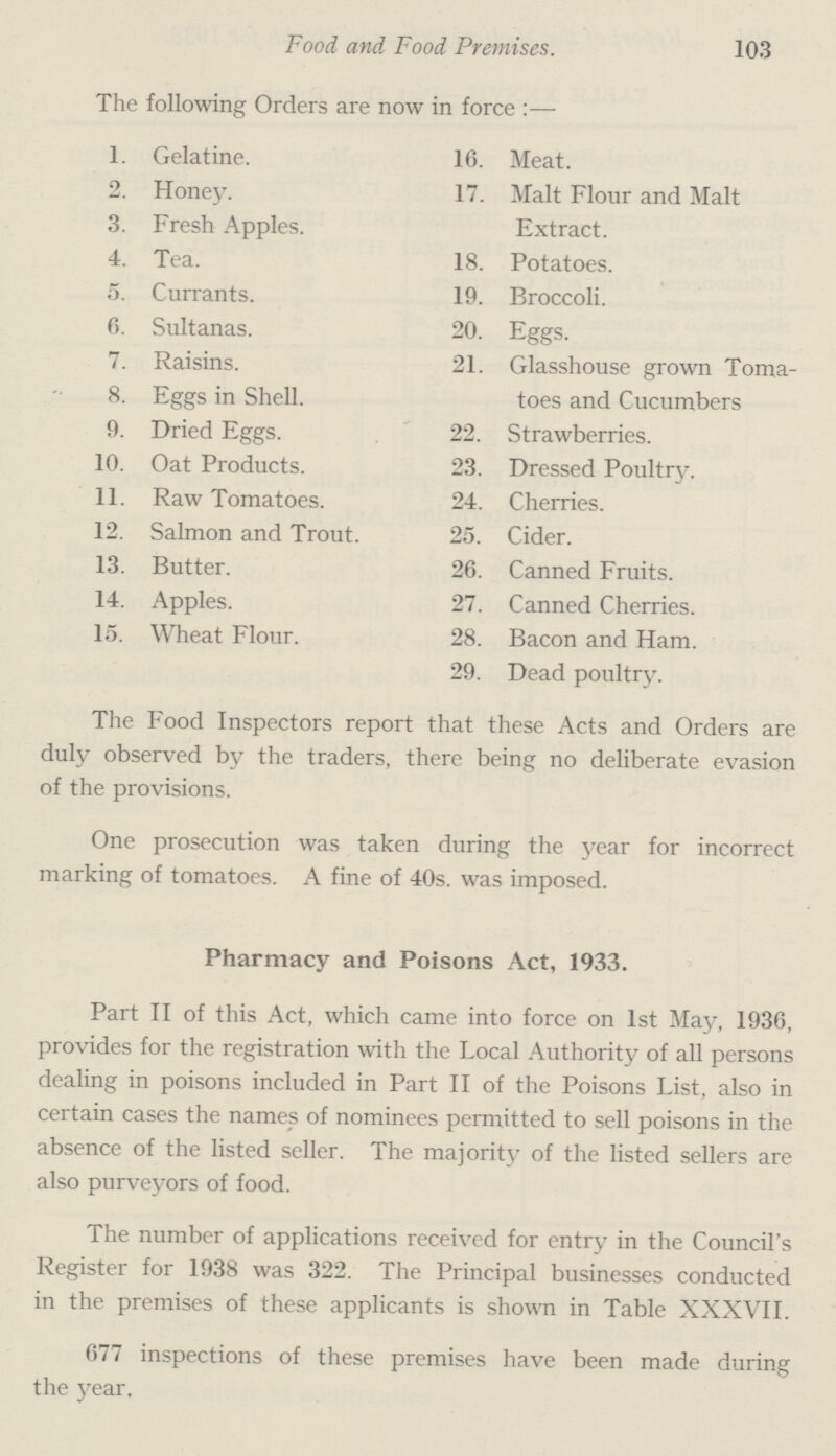 Food and Food Premises. 103 The following Orders are now in force:— 1. Gelatine. 16. Meat. 2. Honey. 17. Malt Flour and Malt Extract. 3. Fresh Apples. 4. Tea. 18. Potatoes. 5. Currants. 19. Broccoli. 6. Sultanas. 20. Eggs. 7. Raisins. 21. Glasshouse grown Toma toes and Cucumbers 8. Eggs in Shell. 9. Dried Eggs. 22. Strawberries. 10. Oat Products. 23. Dressed Poultry. 11. Raw Tomatoes. 24. Cherries. 12. Salmon and Trout. 25. Cider. 13. Butter. 26. Canned Fruits. 14. Apples. 27. Canned Cherries. 15. Wheat Flour 28. Bacon and Ham. 29. Dead poultry. The Food Inspectors report that these Acts and Orders are duly observed by the traders, there being no deliberate evasion of the provisions. One prosecution was taken during the year for incorrect marking of tomatoes. A fine of 40s. was imposed. Pharmacy and Poisons Act, 1933. Part II of this Act, which came into force on 1st May, 1936, provides for the registration with the Local Authority of all persons dealing in poisons included in Part II of the Poisons List, also in certain cases the names of nominees permitted to sell poisons in the absence of the listed seller. The majority of the listed sellers are also purveyors of food. The number of applications received for entry in the Council's Register for 1938 was 322. The Principal businesses conducted in the premises of these applicants is shown in Table XXXVII. 677 inspections of these premises have been made during the year.