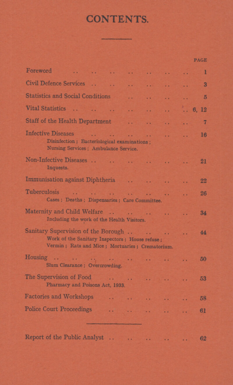 CONTENTS. page Foreword 1 Civil Defence Services 3 Statistics and Social Conditions 5 Vital Statistics 6, 12 Staff of the Health Department 7 Infective Diseases 16 Disinfection: Bacteriological examinations ; Nursing Services ; Ambulance Service. Non-Infective Diseases 21 Inquests. Immunisation against Diphtheria 22 Tuberculosis 26 Cases ; Deaths ; Dispensaries i Care Committee. Maternity and Child Welfare 34 Including the work of the Health Visitors. Sanitary Supervision of the Borough 44 Work of the Sanitary Inspectors ; House refuse ; Vermin ; Rats and Mice ; Mortuaries ; Crematorium. Housing 50 Slum Clearance ; Overcrowding. The Supervision of Food 53 Pharmacy and Poisons Act, 1933. Factories and Workshops 58 Police Court Proceedings 61 Report of the Public Analyst 62