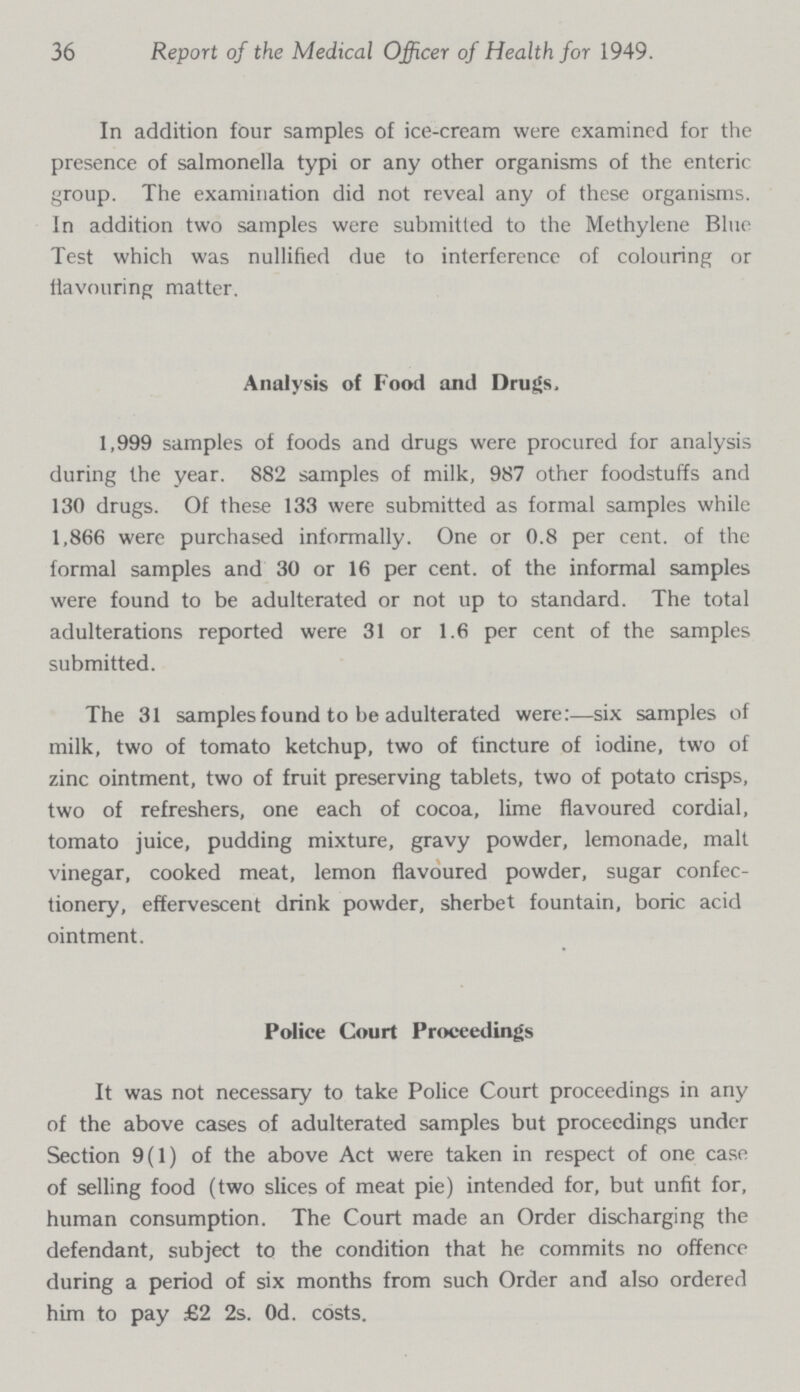 36 Report of the Medical Officer of Health for 1949. In addition four samples of ice-cream were examined for the presence of salmonella typi or any other organisms of the enteric group. The examination did not reveal any of these organisms. In addition two samples were submitted to the Methylene Blue Test which was nullified due to interference of colouring or flavouring matter. Analysis of Food and Drugs, 1,999 samples of foods and drugs were procured for analysis during the year. 882 samples of milk, 987 other foodstuffs and 130 drugs. Of these 133 were submitted as formal samples while 1,866 were purchased informally. One or 0.8 per cent, of the formal samples and 30 or 16 per cent, of the informal samples were found to be adulterated or not up to standard. The total adulterations reported were 31 or 1.6 per cent of the samples submitted. The 31 samples found to be adulterated were:—six samples of milk, two of tomato ketchup, two of tincture of iodine, two of zinc ointment, two of fruit preserving tablets, two of potato crisps, two of refreshers, one each of cocoa, lime flavoured cordial, tomato juice, pudding mixture, gravy powder, lemonade, malt vinegar, cooked meat, lemon flavoured powder, sugar confec tionery, effervescent drink powder, sherbet fountain, boric acid ointment. Police Court Proceedings It was not necessary to take Police Court proceedings in any of the above cases of adulterated samples but proceedings under Section 9(1) of the above Act were taken in respect of one case of selling food (two slices of meat pie) intended for, but unfit for, human consumption. The Court made an Order discharging the defendant, subject to the condition that he commits no offence during a period of six months from such Order and also ordered him to pay £2 2s. 0d. costs.