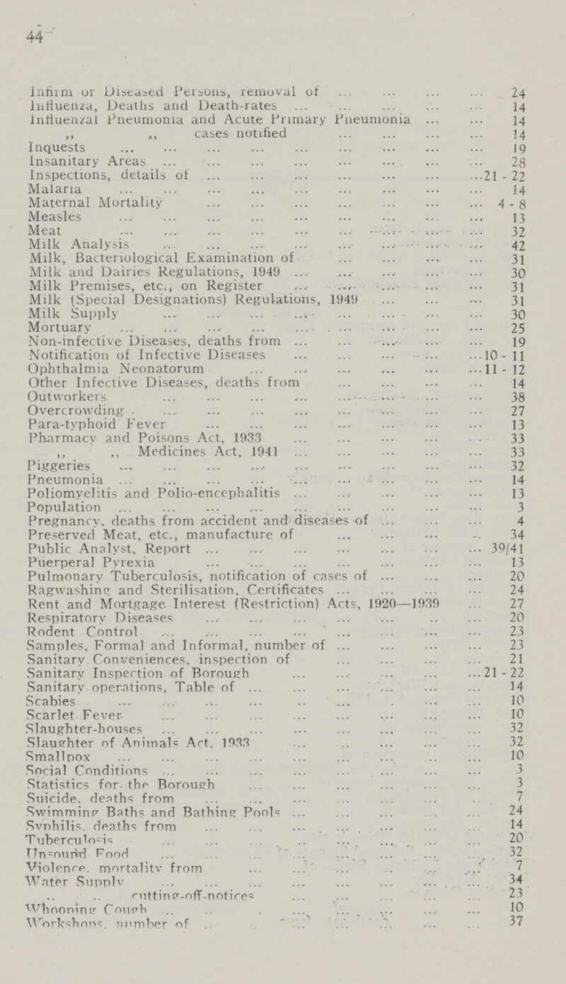 44 Infirm or Diseased Persons, removal of 24 influenza, Deaths and Death-rates 14 influenzal Pneumonia and Acute Primary Pneumonia 14 ,, ,, cases notified 14 Inquests 19 Insanitary Areas 28 Inspections, details of 21 - 22 Malaria 14 Maternal Mortality 4-8 Measles 13 Meat 32 Milk Analysis 42 Milk, Bacteriological Examination of 31 Milk and Dairies Regulations, 1949 30 Milk Premises, etc., on Register 31 Milk (Special Designations) Regulations, 1949 31 Milk Supply 30 Mortuary 25 Non-infective Diseases, deaths from 19 Notification of Infective Diseases 10- 11 Ophthalmia Neonatorum 11-12 Other Infective Diseases, deaths from 14 Outworkers 38 Overcrowding 27 Para-typhoid Fever 13 Pharmacy and Poisons Act, 1933 33 ,, ,, Medicines Act, 1941 33 Piggeries 32 Pneumonia 14 Poliomyelitis and Polio-encephalitis 13 Population 3 Pregnancy, deaths from accident and diseases of 4 Preserved Meat, etc., manufacture of 34 Public Analyst, Report 39/41 Puerperal Pyrexia 13 Pulmonary Tuberculosis, notification of cases of 20 Ragwashintr and Sterilisation. Certificates 24 Rent and Mortgage Interest (Restriction) Acts, 1920—1939 27 Respiratory Diseases 20 Rodent Control 23 Samples, Formal and Informal, number of 23 Sanitary Conveniences, inspection of 21 Sanitar.y Inspection of Borough 21-22 Sanitary operations, Table of 14 Scabies 10 Scarlet Fever 10 Slaughter-houses 32 Slaughter of Animals Act. 1933 32 Smallpox 10 Social Conditions 3 Statistics for-the Borough Suicide, deaths from 2 Swimminf Baths and Bathing Pools 24 Svnhilis. deaths from Tuberculosis 20 Unsound Food 32 Violence, mortalitv from 2 Water Supply 34 cutting-off-notices 23 Whooping Cough 10 Workshops number of 37