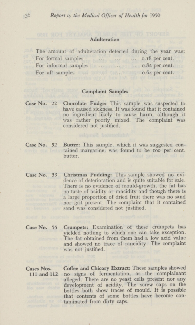 36 Report of the Medical Officer of Health for 1950 Adulteration The amount of adulteration detected during the year was: For formal samples 0.18 per cent. For informal samples 0.82 per cent. For all samples 0.64 per cent. Case No. 22 Complaint Samples Chocolate Fudge: This sample was suspected to have caused sickness. It was found that it contained no ingredient likely to cause harm, although it was rather poorly mixed. The complaint was considered not justified. Case No. 52 Butter: This sample, which it was suggested con tained margarine, was found to be 100 per cent. butter. Case No. 53 Christmas Pudding: This sample showed no evi dence of deterioration and is quite suitable for sale. There is no evidence of mould-growth, the fat has no taste of acidity or rancidity and though there is a large proportion of dried fruit there was no sand nor grit present. The complaint that it contained sand was considered not justified. Case No. 55 Crumpets: Examination of these crumpets has yielded nothing to which one can take exception. The fat obtained from them had a low acid value and showed no trace of rancidity. The complaint was not justified. Cases Nos. 111 and 112 Coffee and Chicory Extract: These samples showed no signs of fermentation, as the complainant alleged. There are no yeast cells present nor any development of acidity. The screw caps on the bottles both show traces of mould. It is possible that contents of some bottles have become con taminated from dirty caps.