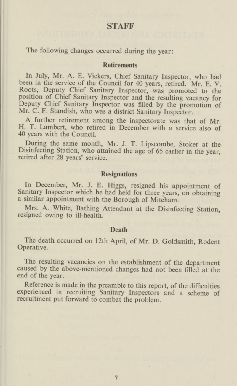 STAFF The following changes occurred during the year: Retirements In July, Mr. A. E. Vickers, Chief Sanitary Inspector, who had been in the service of the Council for 40 years, retired. Mr. E. V. Roots, Deputy Chief Sanitary Inspector, was promoted to the position of Chief Sanitary Inspector and the resulting vacancy for Deputy Chief Sanitary Inspector was filled by the promotion of Mr. C. F. Standish, who was a district Sanitary Inspector. A further retirement among the inspectorate was that of Mr. H. T. Lambert, who retired in December with a service also of 40 years with the Council. During the same month, Mr. J. T. Lipscombe, Stoker at the Disinfecting Station, who attained the age of 65 earlier in the year, retired after 28 years' service. Resignations In December, Mr. J. E. Higgs, resigned his appointment of Sanitary Inspector which he had held for three years, on obtaining a similar appointment with the Borough of Mitcham. Mrs. A. White, Bathing Attendant at the Disinfecting Station, resigned owing to ill-health. Death The death occurred on 12th April, of Mr. D. Goldsmith, Rodent Operative. The resulting vacancies on the establishment of the department caused by the above-mentioned changes had not been filled at the end of the year. Reference is made in the preamble to this report, of the difficulties experienced in recruiting Sanitary Inspectors and a scheme of recruitment put forward to combat the problem. 7