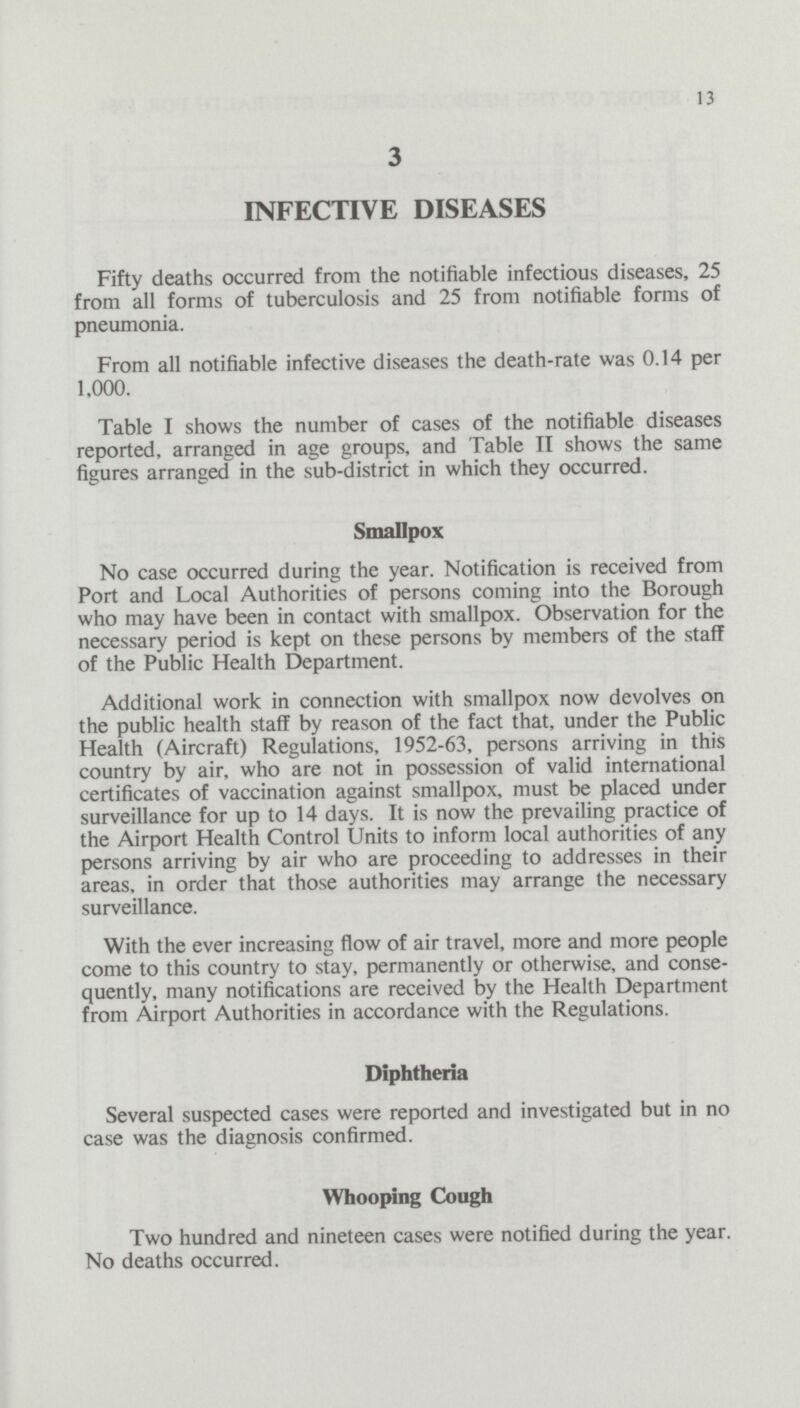 13 3 INFECTIVE DISEASES Fifty deaths occurred from the notifiable infectious diseases, 25 from all forms of tuberculosis and 25 from notifiable forms of pneumonia. From all notifiable infective diseases the death-rate was 0.14 per 1,000. Table I shows the number of cases of the notifiable diseases reported, arranged in age groups, and Table II shows the same figures arranged in the sub-district in which they occurred. Smallpox No case occurred during the year. Notification is received from Port and Local Authorities of persons coming into the Borough who may have been in contact with smallpox. Observation for the necessary period is kept on these persons by members of the staff of the Public Health Department. Additional work in connection with smallpox now devolves on the public health staff by reason of the fact that, under the Public Health (Aircraft) Regulations, 1952-63, persons arriving in this country by air, who are not in possession of valid international certificates of vaccination against smallpox, must be placed under surveillance for up to 14 days. It is now the prevailing practice of the Airport Health Control Units to inform local authorities of any persons arriving by air who are proceeding to addresses in their areas, in order that those authorities may arrange the necessary surveillance. With the ever increasing flow of air travel, more and more people come to this country to stay, permanently or otherwise, and conse quently, many notifications are received by the Health Department from Airport Authorities in accordance with the Regulations. Diphtheria Several suspected cases were reported and investigated but in no case was the diagnosis confirmed. Whooping Cough Two hundred and nineteen cases were notified during the year. No deaths occurred.