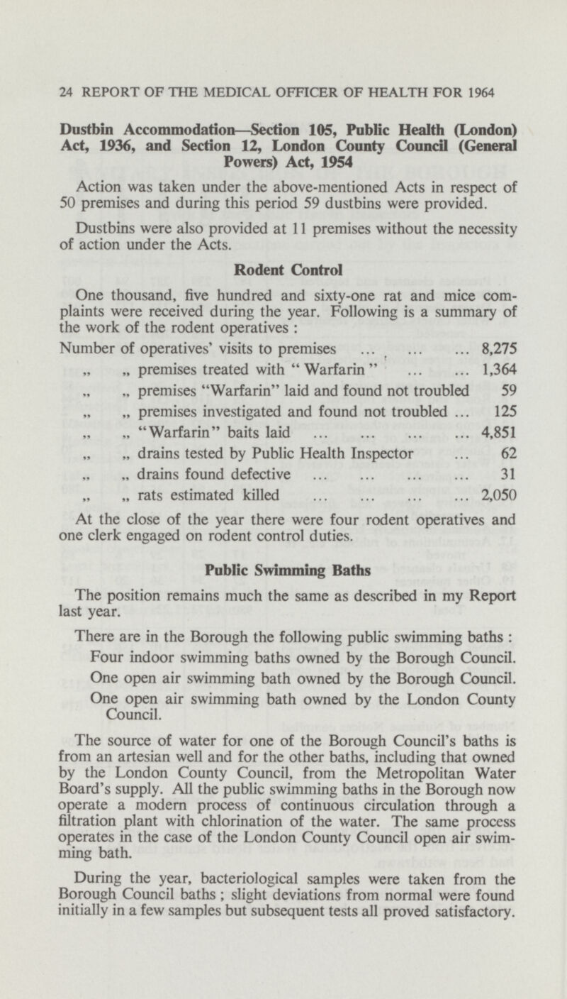 24 REPORT OF THE MEDICAL OFFICER OF HEALTH FOR 1964 Dustbin Accommodation—Section 105, Public Health (London) Act, 1936, and Section 12, London County Council (General Powers) Act, 1954 Action was taken under the above-mentioned Acts in respect of 50 premises and during this period 59 dustbins were provided. Dustbins were also provided at 11 premises without the necessity of action under the Acts. Rodent Control One thousand, five hundred and sixty-one rat and mice com plaints were received during the year. Following is a summary of the work of the rodent operatives : Number of operatives' visits to premises 8,275 „ „ premises treated with  Warfarin 1,364 „ „ premises Warfarin laid and found not troubled 59 „ „ premises investigated and found not troubled .. 125 „ „ Warfarin baits laid 4,851 „ „ drains tested by Public Health Inspector 62 „ „ drains found defective 31 „ „ rats estimated killed 2,050 At the close of the year there were four rodent operatives and one clerk engaged on rodent control duties. Public Swimming Baths The position remains much the same as described in my Report last year. There are in the Borough the following public swimming baths : Four indoor swimming baths owned by the Borough Council. One open air swimming bath owned by the Borough Council. One open air swimming bath owned by the London County Council. The source of water for one of the Borough Council's baths is from an artesian well and for the other baths, including that owned by the London County Council, from the Metropolitan Water Board's supply. All the public swimming baths in the Borough now operate a modern process of continuous circulation through a filtration plant with chlorination of the water. The same process operates in the case of the London County Council open air swim ming bath. During the year, bacteriological samples were taken from the Borough Council baths ; slight deviations from normal were found initially in a few samples but subsequent tests all proved satisfactory.