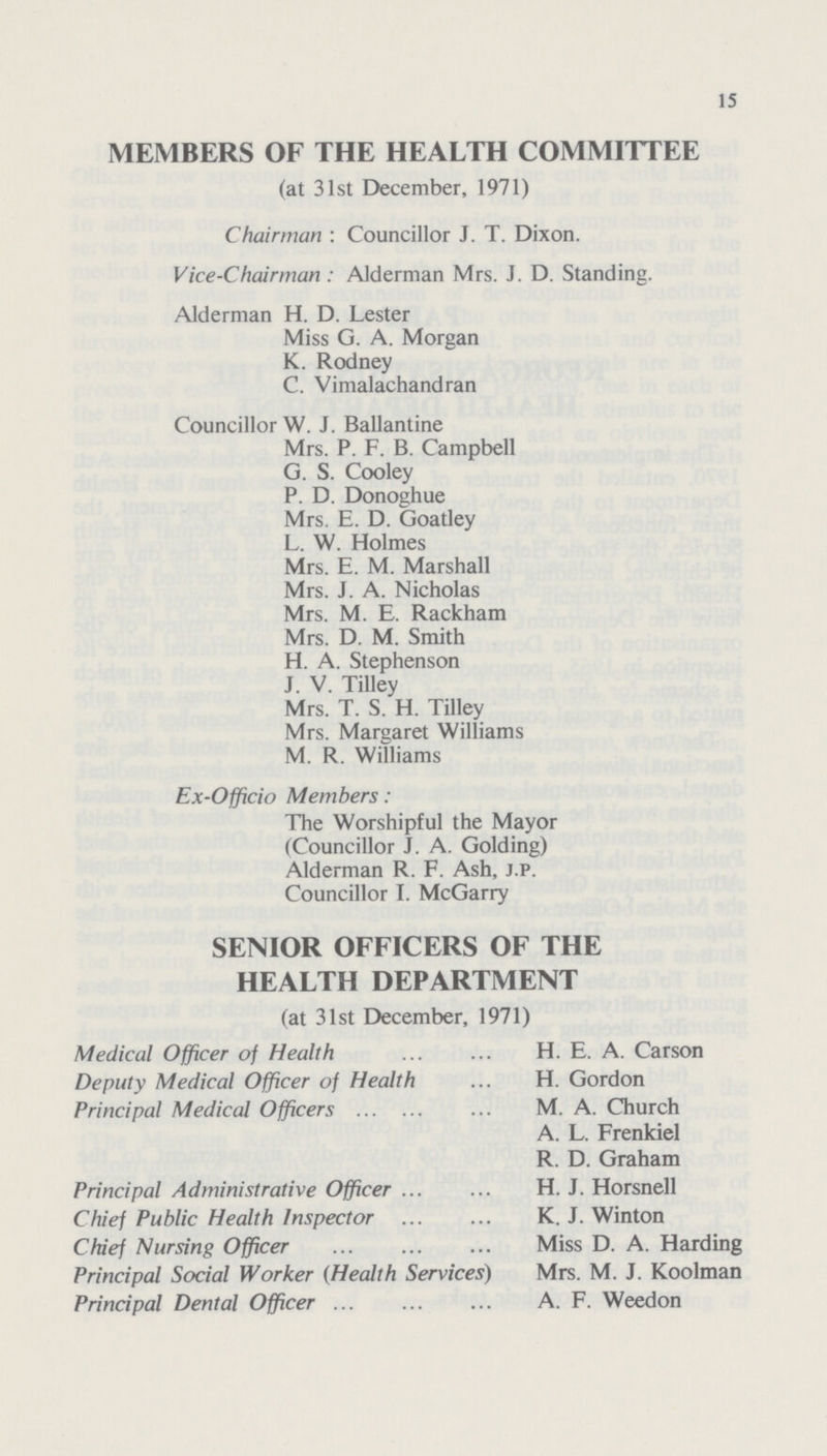 15 MEMBERS OF THE HEALTH COMMITTEE (at 31st December, 1971) Chairman : Councillor J. T. Dixon. Vice-Chairman : Alderman Mrs. J. D. Standing. Alderman H. D. Lester Miss G. A. Morgan K. Rodney C. Vimalachandran Councillor W. J. Ballantine Mrs. P. F. B. Campbell G. S. Cooley P. D. Donoghue Mrs. E. D. Goatley L. W. Holmes Mrs. E. M. Marshall Mrs. J. A. Nicholas Mrs. M. E. Rackham Mrs. D. M. Smith H. A. Stephenson J. V. Tilley Mrs. T. S. H. Tilley Mrs. Margaret Williams M. R. Williams Ex-Officio Members : The Worshipful the Mayor (Councillor J. A. Golding) Alderman R. F. Ash, j.p. Councillor I. McGarry SENIOR OFFICERS OF THE HEALTH DEPARTMENT (at 31st December, 1971) Medical Officer of Health H. E. A. Carson Deputy Medical Officer of Health H. Gordon Principal Medical Officers M. A. Church A. L. Frenkiel R. D. Graham Principal Administrative Officer H. J. Horsnell Chief Public Health Inspector K. J. Winton Chief Nursing Officer Miss D. A. Harding Principal Social Worker (Health Services) Mrs. M. J. Koolman Principal Dental Officer A. F. Weedon