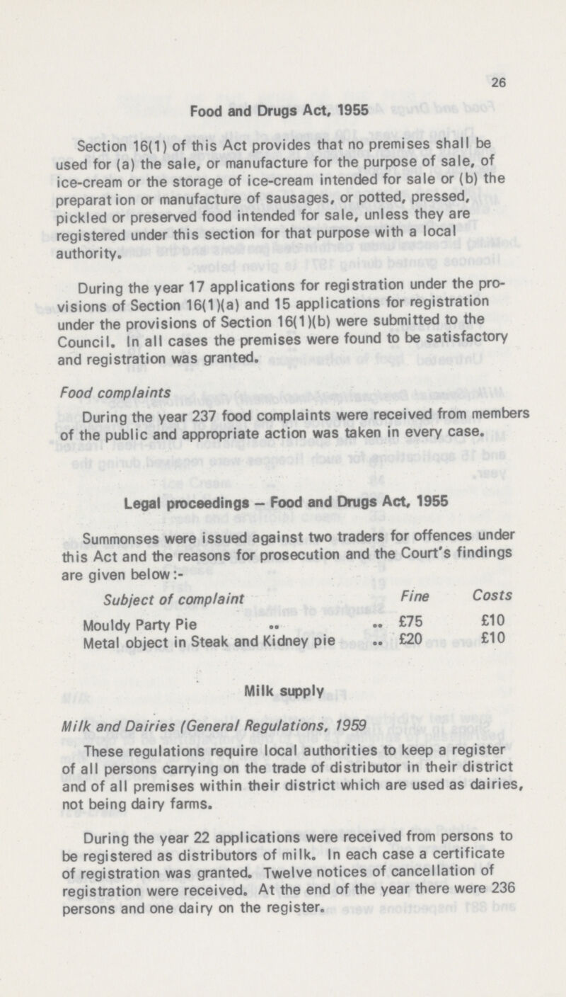 26 Food and Drugs Act, 1955 Section 16(1) of this Act provides that no premises shall be used for (a) the sale, or manufacture for the purpose of sale, of ice-cream or the storage of ice-cream intended for sale or (b) the preparat ion or manufacture of sausages, or potted, pressed, pickled or preserved food intended for sale, unless they are registered under this section for that purpose with a local authority. During the year 17 applications for registration under the pro visions of Section 16(1)(a) and 15 applications for registration under the provisions of Section 16(1)(b) were submitted to the Council. In all cases the premises were found to be satisfactory and registration was granted. Food complaints During the year 237 food complaints were received from members of the public and appropriate action was taken in every case. Legal proceedings - Food and Drugs Act, 1955 Summonses were issued against two traders for offences under this Act and the reasons for prosecution and the Court's findings are given below Subject of complaint Fine Costs Mouldy Party Pie £75 £10 Metal object in Steak and Kidney pie £20 £10 Milk supply Milk and Dairies (General Regulations. 1959 These regulations require local authorities to keep a register of all persons carrying on the trade of distributor in their district and of all premises within their district which are used as dairies, not being dairy farms. During the year 22 applications were received from persons to be registered as distributors of milk. In each case a certificate of registration was granted. Twelve notices of cancellation of registration were received. At the end of the year there were 236 persons and one dairy on the register.