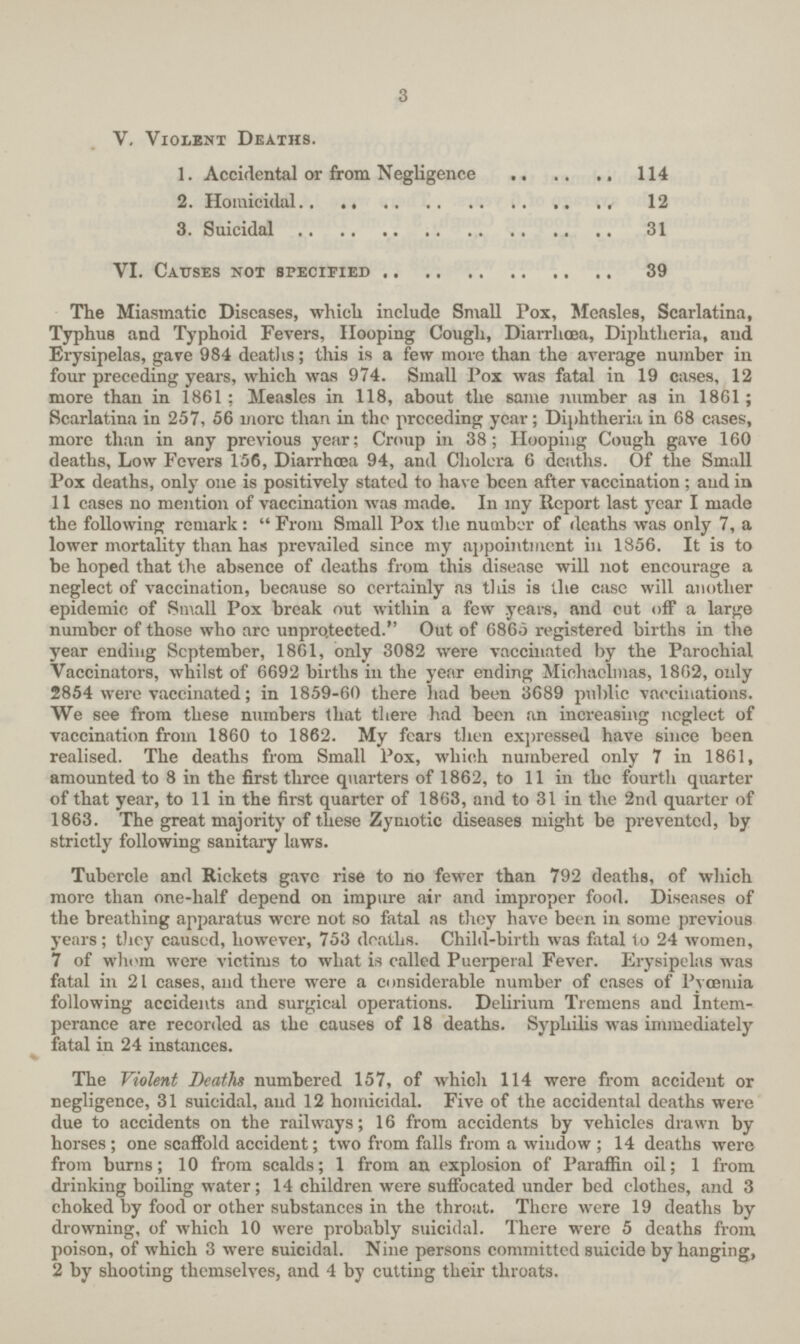 3 V. Violent Deaths. 1. Accidental or from Negligence 114 2. Homicidal 12 3. Suicidal 31 VI. Causes not specified 39 The Miasmatic Diseases, which include Small Pox, Measles, Scarlatina, Typhus and Typhoid Fevers, Hooping Cough, Diarrhoea, Diphtheria, and Erysipelas, gave 984 deaths; this is a few more than the average number in four preceding years, which was 974. Small Pox was fatal in 19 cases, 12 more than in 1861; Measles in 118, about the same number as in 1861; Scarlatina in 257, 56 more than in the preceding year; Diphtheria in 68 cases, more than in any previous year; Croup in 38; Hooping Cough gave 160 deaths, Low Fevers 156, Diarrhoea 94, and Cholera 6 deaths. Of the Small Pox deaths, only one is positively stated to have been after vaccination; and in 11 cases no mention of vaccination was made. In my Report last year I made the following remark: From Small Pox the number of deaths was only 7, a lower mortality than has prevailed since my appointment ill 1856. It is to be hoped that the absence of deaths from this disease will not encourage a neglect of vaccination, because so certainly as this is the case will another epidemic of Small Pox break out within a few years, and cut off a large number of those who arc unprotected. Out of 6865 registered births in the year ending September, 1861, only 3082 were vaccinated by the Parochial Vaccinators, whilst of 6692 births in the year ending Michaelmas, 1862, only 2854 were vaccinated; in 1859-60 there had been 3689 public vaccinations. We see from these numbers that there had been an increasing neglect of vaccination from 1860 to 1862. My fears then expressed have since been realised. The deaths from Small Pox, which numbered only 7 in 1861, amounted to 8 in the first three quarters of 1862, to 11 in the fourth quarter of that year, to 11 in the first quarter of 1863, and to 31 in the 2nd quarter of 1863. The great majority of these Zymotic diseases might be prevented, by strictly following sanitary laws. Tubercle and Rickets gave rise to no fewer than 792 deaths, of which more than one-half depend on impure air and improper food. Diseases of the breathing apparatus were not so fatal as they have been in some previous years; they caused, however, 753 deaths. Child-birth was fatal to 24 women, 7 of whom were victims to what is called Puerperal Fever. Erysipelas was fatal in 21 cases, and there were a considerable number of cases of Pyoetnia following accidents and surgical operations. Delirium Tremens and Intem perance are recorded as the causes of 18 deaths. Syphilis was immediately fatal in 24 instances. The Violent Deaths numbered 157, of which 114 were from accident or negligence, 31 suicidal, and 12 homicidal. Five of the accidental deaths were due to accidents on the railways; 16 from accidents by vehicles drawn by horses; one scaffold accident; two from falls from a window; 14 deaths were from burns; 10 from scalds; 1 from an explosion of Paraffin oil; 1 from drinking boiling water; 14 children were suffocated under bed clothes, and 3 choked by food or other substances in the throat. There were 19 deaths by drowning, of which 10 were probably suicidal. There were 5 deaths from poison, of which 3 were suicidal. Nine persons committed suicide by hanging, 2 by shooting themselves, and 4 by cutting their throats.