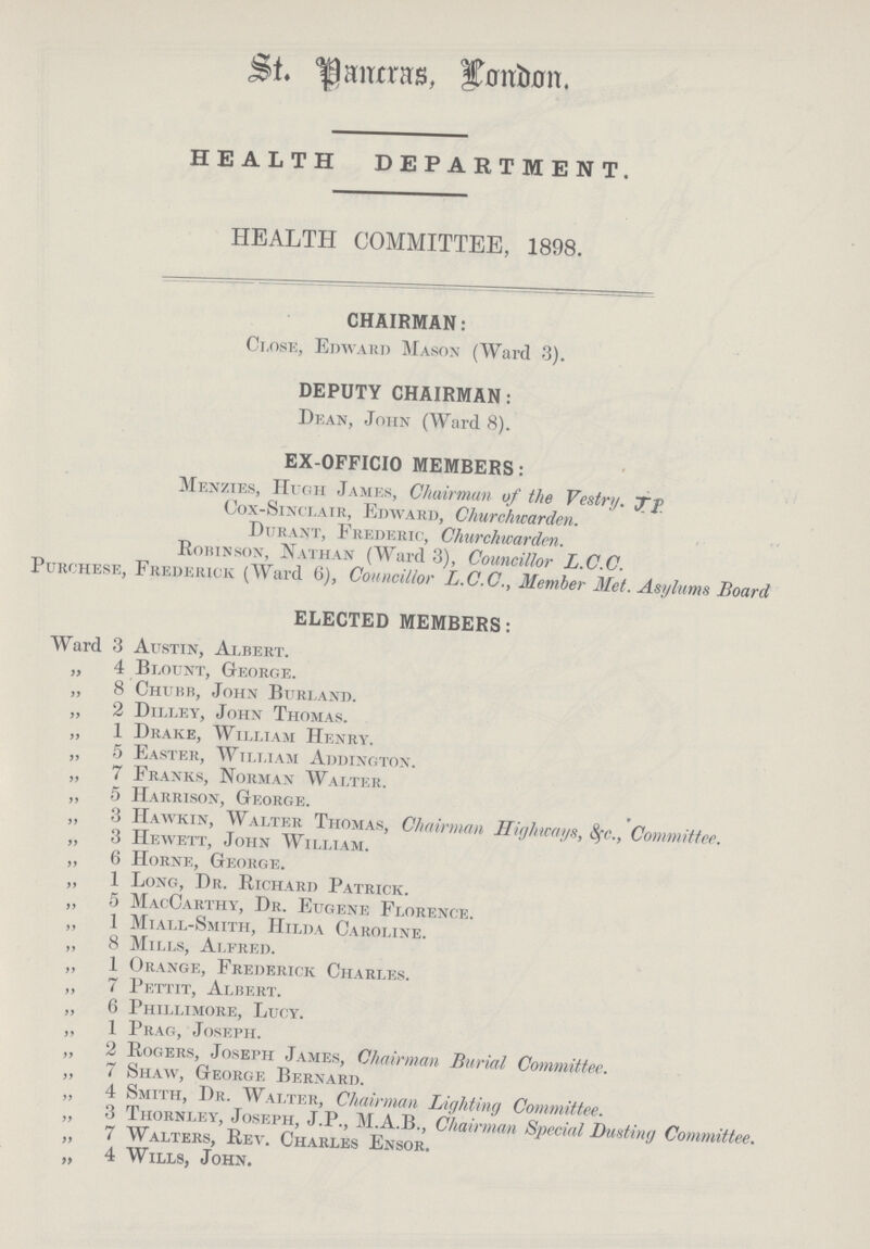 St. Pancras, London. HEALTH DEPARTMENT. HEALTH COMMITTEE, 1898. CHAIRMAN: Close, Edward Mason (Ward 3). DEPUTY CHAIRMAN: Dean, John (Ward 8). EX-OFFICIO MEMBERS: Menzies, Hugh James, Chairman of the Vestry. J.P Cox-Sinclair, Edward, Churchwarden. Durant, Frederic, Churchwarden. Robinson, Nathan (Ward 3), Councillor L.C.C. Purchese, Frederick (Ward 6), Councillor L.C.C., Member Met. Asylums Board ELECTED MEMBERS: Ward 3 Austin, Albert. ,, 4 Blount, George. ,, 8 Chubb, John Burland. ,, 2 Dilley, John Thomas. ,, 1 Drake, William Henry. ,, 5 Easter, William Addington. ,, 7 Franks, Norman Walter. ,, 5 Harrison, George. ,, 3 Hawkin, Walter Thomas, Chairman Highways, &c., Committee. ,, 3 Hewett, John William. ,, 6 Horne, George. ,, 1 Long, Dr. Richard Patrick. ,, 5 MacCarthy, Dr. Eugene Florence. ,, 1 Miall-Smith, Hilda Caroline. ,, 8 Mills, Alfred. ,, 1 Orange, Frederick Charles. ,, 7 Pettit, Albert. ,, 6 Phillimore, Lucy. ,, 1 Prag, Joseph. ,, 2 Rogers, Joseph James, Chairman Burial Committee. ,, 7 Shaw, George Bernard. ,, 4 Smith, Dr. Walter, Chairman Lighting Committee. ,, 3 Thornley, Joseph, J.P., M.A.B., Chairman Special Busting Committee. ,, 7 Walters, Rev. Charles Ensor. ,, 4 Wills, John.