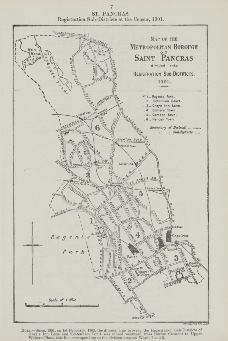 7 ST. PANCRAS. Registration Sub-Districts at the Census, 1901. Note.—Since, 1901, on 1st February, 1902, the division line between the Registration Sub-Districts of Gray's Inn Lane and Tottenham Court was moved westward from Burton Crescent to Upper Woburn Place, this line corresponding to the division between Wards 7 and 8.
