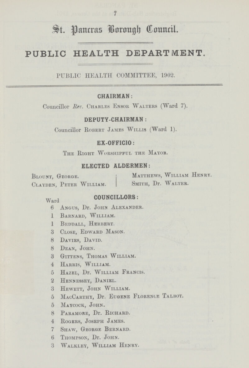 7 St. Pancras Borough Council. PUBLIC HEALTH DEPARTMENT. PUBLIC HEALTH COMMITTEE, 1902. CHAIRMAN: Councillor Rev. Charles Ensor Walters (Ward 7). DEPUTY-CHAIRMAN : Councillor Robert James Willis (Ward 1). EX-OFFICIO: The Right Worshipful the Mayor. ELECTED ALDERMEN: Blount, George. Clayden, Peter William. Matthews, William Henry. Smith, Dr. Walter. ward COUNCILLORS: 6 Angus, Dr. John Alexander. 1 Barnard, William. 1 Beddall, Herbert. 3 Close, Edward Mason. 8 Davies, David. 8 Dean, John. 3 Gittens, Thomas William. 4 Harris, William. 5 Hazel, Dr. William Francis. 2 Hennessey, Daniel. 3 Hewett, John William. 5 MacCarthy, Dr. Eugene Florence Talbot. 5 Maycock, John. 8 Paramore, Dr. Richard. 4 Rogers, Joseph James. 7 Shaw, George Bernard. 6 Thompson, Dr. John. 3 Walkley, William Henry.