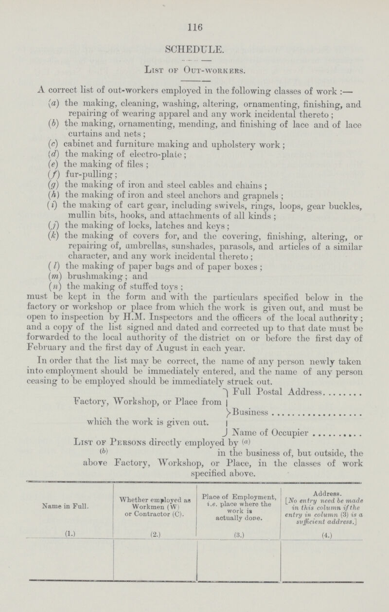 116 SCHEDULE. List of Out-workers. A correct list of out-workers employed in the following classes of work :— (a) the making, cleaning, washing, altering, ornamenting, finishing, and repairing of wearing apparel and any work incidental thereto ; (b) the making, ornamenting, mending, and finishing of lace and of lace curtains and nets; (c) cabinet and furniture making and upholstery work; (d) the making of electro-plate ; (e) the making of tiles ; (f) fur-pulling; (g) the making of iron and steel cables and chains; (h) the making of iron and steel anchors and grapnels ; (i) the making of cart gear, including swivels, rings, loops, gear buckles, mullin bits, hooks, and attachments of all kinds ; (j) the making of locks, latches and keys; (k) the making of covers for, and the covering, finishing, altering, or repairing of, umbrellas, sunshades, parasols, and articles of a similar character, and any work incidental thereto; (l) the making of paper bags and of paper boxes ; (m) brushmaking ; and (n) the making of stuffed toys ; must be kept in the form and with the particulars specified below in the factory or workshop or place from which the work is given out, and must be open to inspection by H.M. Inspectors and the officers of the local authority; and a copy of the list signed and dated and corrected up to that date must be forwarded to the local authority of the district on or before the first day of February and the first day of August in each year. In order that the list may be correct, the name of any person newly taken into employment should be immediately entered, and the name of any person ceasing to be employed should be immediately struck out. Factory, Workshop, or Place from which the work is given out. Full Postal Address Business Name of Occupier List of Persons directly employed by (a) (b) in the business of, but outside, the above Factory, Workshop, or Place, in the classes of work specified above. Name in Full. (1) Whether employed as Workmen (W) or Contractor (C). (2) Place of Employment, i.e. place where the work is actually done. (3.) Address. [No entry need be made in this column if the entry in column (3) is a sufficient address..] (40