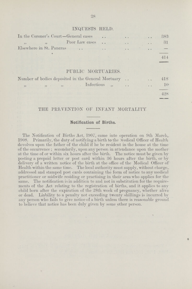 28 INQUESTS HELD. In the Coroner's Court—General cases 383 ,, ,, Poor Law cases 31 Elsewhere in St. Pancras — 414 PUBLIC MORTUARIES. Number of bodies deposited in the General Mortuary . . 418 „ „ „ Infectious „ 10 428 THE PREVENTION OF INFANT MORTALITY Notification of Births. The Notification of Births Act, 1907, came into operation on 9th March, 1908. Primarily, the duty of notifying a birth to the Medical Officer of Health devolves upon the father of the child if he be resident in the house at the time of the occurrence ; secondarily, upon any person in attendance upon the mother at the time of or within six hours after the birth. The notice must be given by posting a prepaid letter or post card within 36 hours after the birth, or by delivery of a written notice of the birth at the office of the Medical Officer of Health within the same time. The local authority must supply, without charge, addressed and stamped post cards containing the form of notice to any medical practitioner or midwife residing or practising in their area who applies for the same. The notification is in addition to and not in substitution for the require ments of the Act relating to the registration of births, and it applies to any child born after the expiration of the 28th week of pregnancy, whether alive or dead. Liability to a penalty not exceeding twenty shillings is incurred by any person who fails to give notice of a birth unless there is reasonable ground to believe that notice has been duly given by some other person.