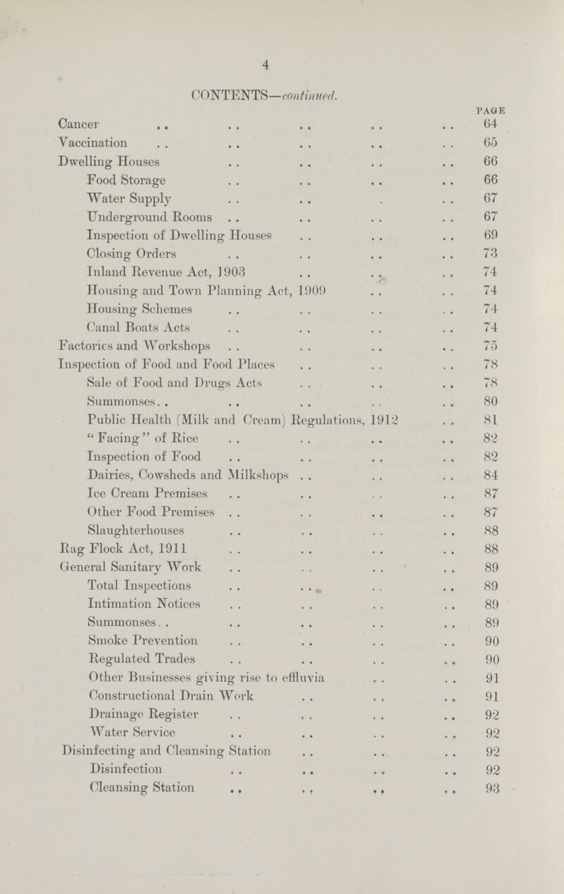 4 CONTENTS— continued. page Cancer 64 Vaccination 65 Dwelling Houses 66 Food Storage 66 Water Supply 67 Underground Rooms 67 Inspection of Dwelling Houses 69 Closing Orders 73 Inland Revenue Act, 1903 74 Housing and Town Planning Act, 1909 74 Housing Schemes 74 Canal Boats Acts 74 Factories and Workshops 75 Inspection of Food and Food Places 78 Sale of Food and Drugs Acts 78 Summonses 80 Public Health (Milk and Cream) Regulations, 1912 81 Facing of Rice 82 Inspection of Food 82 Dairies, Cowsheds and Milkshops 84 Ice Cream Premises 87 Other Food Premises 87 Slaughterhouses 88 Rag Flock Act, 1911 88 General Sanitary Work 89 Total Inspections 89 Intimation Notices 89 Summonses 89 Smoke Prevention 90 Regulated Trades 90 Other Businesses giving rise to effluvia 91 Constructional Drain Work 91 Drainage Register 92 Water Service 92 Disinfecting and Cleansing Station 92 Disinfection 92 Cleansing Station 93