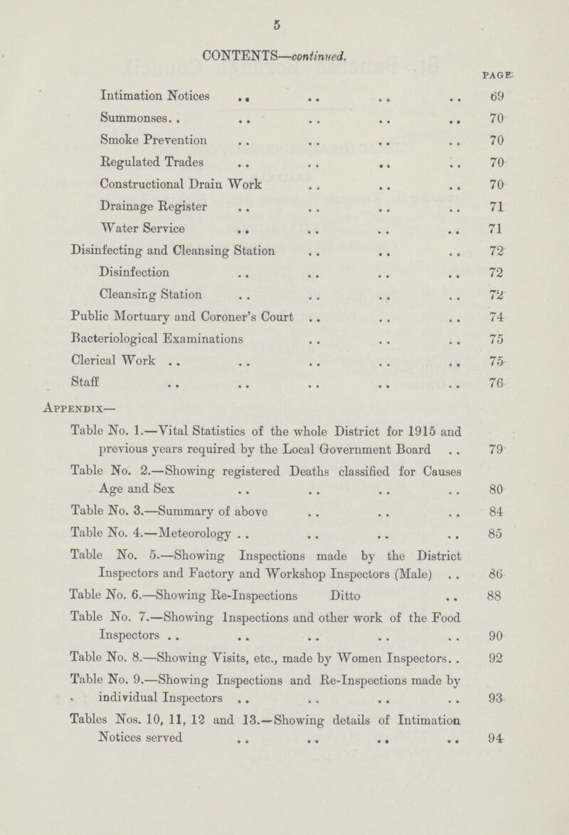 5 CONTENTS—continued. page Intimation Notices 69 Summonses 70 Smoke Prevention 70 Regulated Trades 70 Constructional Drain Work 70 Drainage Register 71 Water Service 71 Disinfecting and Cleansing Station 72 Disinfection 72 Cleansing Station 72 Public Mortuary and Coroner's Court 74 Bacteriological Examinations 75 Clerical Work 75 Staff 76 Appendix— Table No. 1.—Vital Statistics of the whole District for 1915 and previous years required by the Local Government Board 79 Table No. 2.—Showing registered Deaths classified for Causes Age and Sex 80 Table No. 3.—Summary of above 84 Table No. 4.—Meteorology 85 Table No. 5.—Showing Inspections made by the District Inspectors and Factory and Workshop Inspectors (Male) 86 Table No. 6.—Showing Re-Inspections Ditto 88 Table No. 7.—Showing Inspections and other work of the Food Inspectors 90 Table No. 8.—Showing Visits, etc., made by Women Inspectors 92 Table No. 9.—Showing Inspections and Re-Inspections made by individual Inspectors 93 Tables Nos. 10, 11, 12 and 13.—Showing details of Intimation Notices served 94