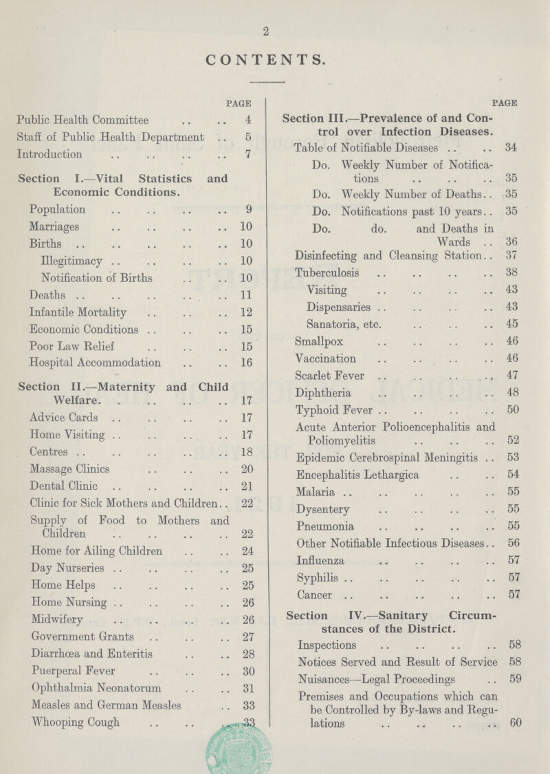 2 CONTENTS. page Public Health Committee 4 Staff of Public Health Department 5 Introduction 7 Section I.—Vital Statistics and Economic Conditions. Population 9 Marriages 10 Births 10 Illegitimacy 10 Notification of Births 10 Deaths 11 Infantile Mortality 12 Economic Conditions 15 Poor Law Relief 15 Hospital Accommodation .. 16 Section II.—Maternity and Child Welfare 17 Advice Cards .. 17 Home Visiting 17 Centres 18 Massage Clinics 20 Dental Clinic 21 Clinic for Sick Mothers and Children 22 Supply of Food to Mothers and Children 22 Home for Ailing Children 24 Day Nurseries 25 Home Helps 25 Home Nursing 26 Midwifery 26 Government Grants 27 Diarrhoea and Enteritis 28 Puerperal Fever 30 Ophthalmia Neonatorum 31 Measles and German Measles 33 Whooping Cough 33 page Section III.—Prevalence of and Con trol over Infection Diseases. Table of Notifiable Diseases 34 Do. Weekly Number of Notifica tions 35 Do. Weekly Number of Deaths 35 Do. Notifications past 10 years 35 Do. do. and Deaths in Wards 36 Disinfecting and Cleansing Station 37 Tuberculosis 38 Visiting 43 Dispensaries 43 Sanatoria, etc. 45 Smallpox 46 Vaccination 46 Scarlet Fever 47 Diphtheria 48 Typhoid Fever 50 Acute Anterior Polioencephalitis and Poliomyelitis 52 Epidemic Cerebrospinal Meningitis 53 Encephalitis Lethargica 54 Malaria 55 Dysentery 55 Pneumonia 55 Other Notifiable Infectious Diseases 56 Influenza 57 Syphilis 57 Cancer 57 Section IV.—Sanitary Circum stances of the District. Inspections 58 Notices Served and Result of Service 58 Nuisances—Legal Proceedings .. 59 Premises and Occupations which can be Controlled by By-laws and Regu lations 60