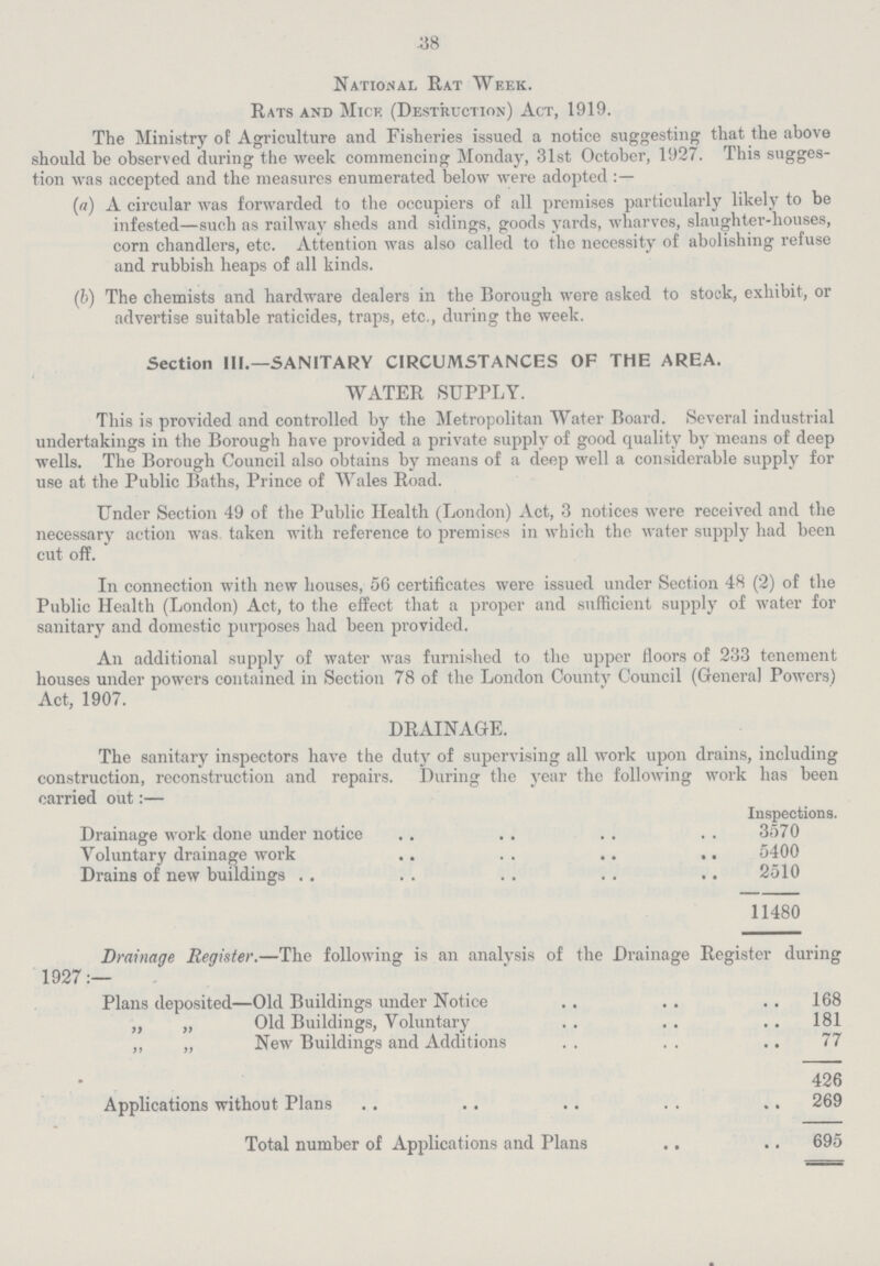 38 National Rat Week. Rats and Mice (Destruction) Act, 1919. The Ministry of Agriculture and Fisheries issued a notice suggesting that the above should be observed during the week commencing Monday, 31st October, 1927. This sugges tion was accepted and the measures enumerated below were adopted (a) A circular was forwarded to the occupiers of all premises particularly likely to be infested—such as railway sheds and sidings, goods yards, wharves, slaughter-houses, corn chandlers, etc. Attention was also called to the necessity of abolishing refuse and rubbish heaps of all kinds. (b) The chemists and hardware dealers in the Borough were asked to stock, exhibit, or advertise suitable raticides, traps, etc., during the week. Section III.—SANITARY CIRCUMSTANCES OF THE AREA. WATER SUPPLY. This is provided and controlled by the Metropolitan Water Board. Several industrial undertakings in the Borough have provided a private supply of good quality by means of deep wells. The Borough Council also obtains by means of a deep well a considerable supply for use at the Public Baths, Prince of Wales Road. Under Section 49 of the Public Health (London) Act, 3 notices were received and the necessary action was taken with reference to premises in which the water supply had been cut off. In connection with new houses, 56 certificates were issued under Section 48 (2) of the Public Health (London) Act, to the effect that a proper and sufficient supply of water for sanitary and domestic purposes had been provided. An additional supply of water was furnished to the upper floors of 233 tenement houses under powers contained in Section 78 of the London County Council (General Powers) Act, 1907. DRAINAGE. The sanitary inspectors have the duty of supervising all work upon drains, including construction, reconstruction and repairs. During the year the following work has been carried out:— Inspections. Drainage work done under notice 3570 Voluntary drainage work 5400 Drains of new buildings 2510 11480 Drainage Register.—The following is an analysis of the Drainage Register during 1927:— Plans deposited—Old Buildings under Notice 168 „ „ Old Buildings, Voluntary 181 ,, „ New Buildings and Additions 77 426 Applications without Plans 269 Total number of Applications and Plans 695