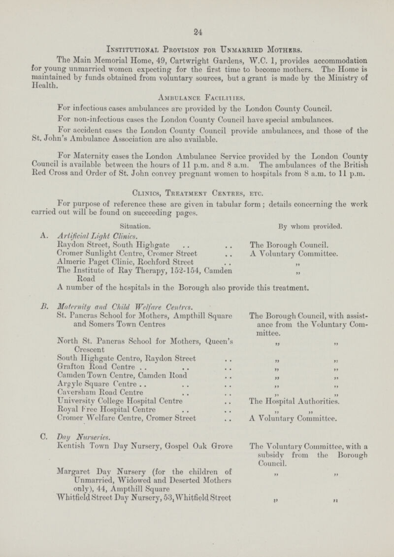 24 Institutional Provision for Unmahried Mothers. The Main Memorial Home, 49, Cartwright Gardens, W.C.1, provides accommodation for young unmarried women expecting for the first time to become mothers. The Home is maintained by funds obtained from voluntary sources, but a grant is made by the Ministry of Health. Ambulance Facilities. For infectious cases ambulances are provided by the London County Council. For non-infectious cases the London County Council have special ambulances. For accident cases the London County Council provide ambulances, and those of the St. John's Ambulance Association are also available. For Maternity cases the London Ambulance Service provided by the London County Council is available between the hours of 11 p.m. and 8 a.m. The ambulances of the British Red Cross and Order of St. John convey pregnant women to hospitals from 8 a.m. to 11 p.m. Clinics, Treatment Centres, etc. For purpose of reference these are given in tabular form; details concerning the work carried out will be found on succeeding pages. Situation. By whom provided. A. Artificial Light Clinics. Raydon Street, South Highgate The Borough Council. Cromer Sunlight Centre, Cromer Street A Voluntary Committee. Almeric Paget Clinic, Rochford Street „ The Institute of Ray Therapy, 152-154, Camden Road „ A number of the hospitals in the Borough also provide this treatment. B. Maternity and Child Welfare Centres. St. Pancras School for Mothers, Ampthill Square and Somers Town Centres The Borough Council, with assist ance from the Voluntary Com mittee. North St. Pancras School for Mothers, Queen's Crescent „ „ South Highgate Centre, Raydon Street „ „ Grafton Road Centre „ „ Camden Town Centre, Camden Road „ „ Arayle Square Centre „ „ Caversham Road Centre „ „ University College Hospital Centre The Hospital Authorities. Royal Free Hospital Centre „ „ Cromer Welfare Centre, Cromer Street A Voluntary Committee. C. Dan Nurseries. Kentish Town Day Nursery, Gospel Oak Grove The Voluntary Committee, with a subsidy from the Borough Council. Margaret Day Nursery (for the children of Unmarried, Widowed and Deserted Mothers only), 44, Ampthill Square „ „ Whitfield Street Day Nursery, 53, Whitfield Street „ „