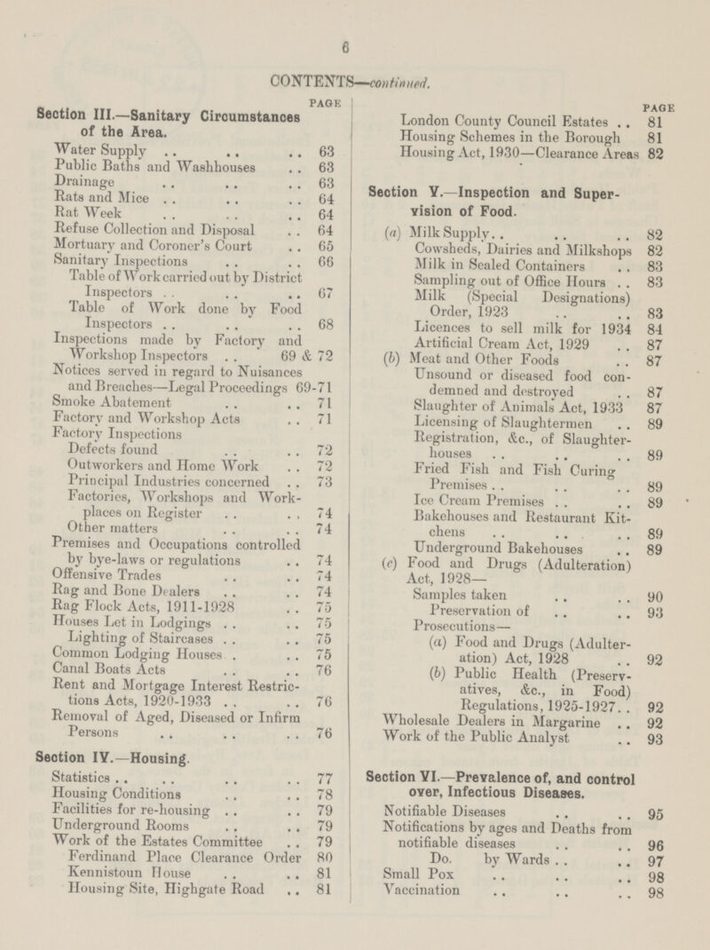6 CONTENTS—-continued page Section III—Sanitary Ciroumstanoes of the Area Water Supply 63 Public Baths and Washhouses 63 Drainage 63 Rata and Mice 64 Rat Week 64 Refuse Collection and Disposal 64 Mortuary and Coroner's Court 65 Sanitary Inspections 66 Table of Workcarricdoutby District Inspectors 67 Table of Work done by Food Inspectors 68 Inspections made by Factory and Workshop Inspectors 69 & 72 Notices served in regard to Nuisances and Breaches—Legal Proceedings 69-71 Smoke Abatement 71 Factory and Workshop Acts 71 Factory Inspections Defects found 72 Outworkers and Home Work 72 Principal Industries concerned 73 Factories, Workshops and Work places on Register 74 Other matters 74 Premises and Occupations controlled by bye-laws or regulations 74 Offensive Trades 74 Rag and Bone Dealers 74 Rag Flock Acts, 1911-1928 75 Houses Let in Lodgings 75 Lighting of Staircases 75 Common Lodging Houses 75 Canal Boats Acts 76 Rent and Mortgage Interest Restric tions Acts, 1920-1933 76 Removal of Aged, Diseased or Infirm Persons 76 Section IY—Housing Statistics 77 Housing Conditions 78 Facilities for re-housing 79 Underground Rooms 79 Work of the Estates Committee 79 Ferdinand Place Clearance Order 80 Kennistoun House 81 Housing Site, Highgate Road , 81 page London County Council Estates 81 Housing Schemes in the Borough 81 Housing Act, 1930—Clearance Areas 82 Section V—Inspection and Super vision of Food (a) Milk Supply 82 Cowsheds, Dairies and Milkshops 82 Milk in Sealed Containers 83 Sampling out of Office Hours 83 Milk (Special Designations) Order, 1923 83 Licences to sell milk for 1934 84 Artificial Cream Act, 1929 87 (b) Meat and Other Foods 87 Unsound or diseased food con demned and destroyed 87 Slaughter of Animals Act, 1933 87 Licensing of Slaughtermen 89 Registration, &c, of Slaughter houses 89 Fried Fish and Fish Curing Premises 89 Ice Cream Premises 89 Bakehouses and Restaurant Kit chens 89 Underground Bakehouses 89 (c) Food and Drugs (Adulteration) Act, 1928— Samples taken 90 Preservation of 93 Prosecutions— (a) Food and Drugs (Adulter ation) Act, 1928 92 (b) Public Health (Preserv¬ atives, &c, in Food) Regulations, 1925-1927 92 Wholesale Dealers in Margarine 92 Work of the Public Analyst 93 Section YI—Prevalence of, and control over, Infectious Diseases Notifiable Diseases 95 Notifications by ages and Deaths from notifiable diseases 96 Do by Wards 97 Small Pox 98 Vaccination 98
