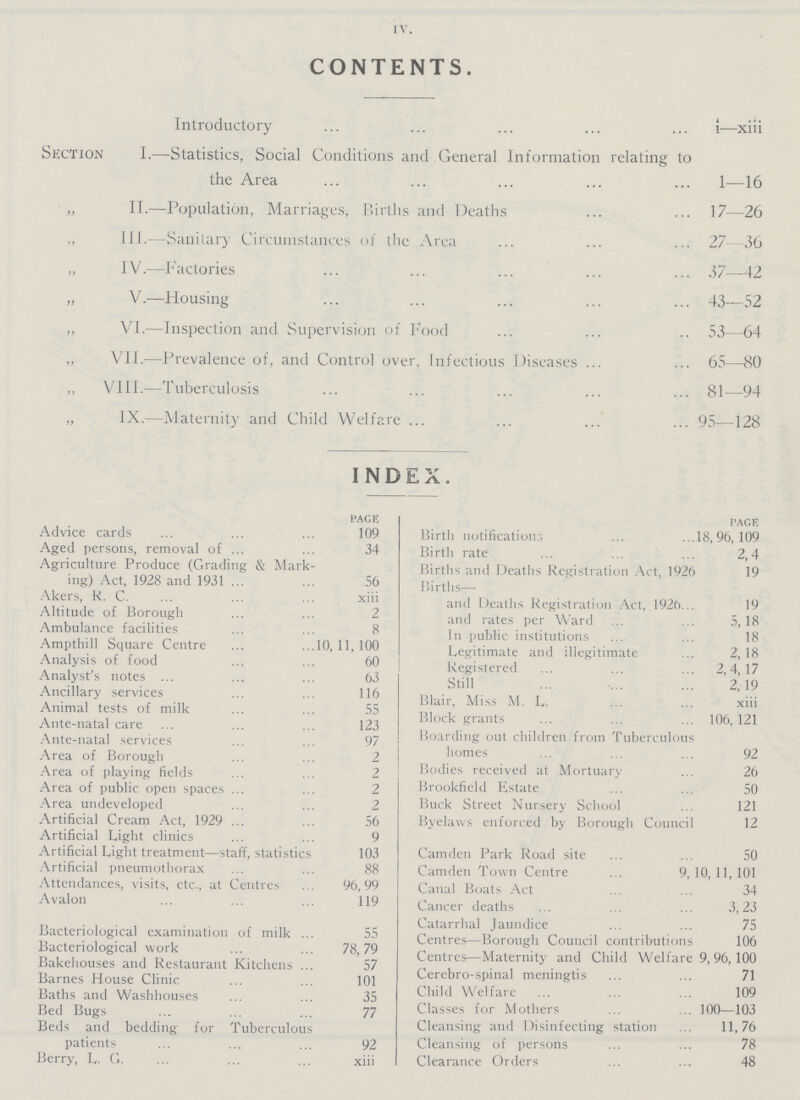 IV. CONTENTS. Introductory i—xiii Section I.—-Statistics, Social Conditions and General Information relating to the Area 1—16 „ II.—Population, Marriages, Births and Deaths 17—26 „ 111.—Sanitary Circumstances of the Area 27—36 „ IV.—Factories 37—42 „ V.—Housing 43—52 „ VI.—Inspection and Supervision of Food 53—64 „ VII.—Prevalence of, and Control over, Infectious Diseases 65—80 ,, VIII.—Tuberculosis 81—94 „ IX.—Maternity and Child Welfare 95—128 INDEX. page Advice cards 109 Aged persons, removal of 34 Agriculture Produce (Grading & Mark ing) Act, 1928 and 1931 56 Akers, R. C. xiii Altitude of Borough 2 Ambulance facilities 8 Ampthill Square Centre 10, 11, 100 Analysis of food 60 Analyst's notes 63 Ancillary services 116 Animal tests of milk 55 Ante-natal care 123 Ante-natal services 97 Area of Borough 2 Area of playing fields 2 Area of public open spaces 2 Area undeveloped 2 Artificial Cream Act, 1929 56 Artificial Light clinics 9 Artificial Light treatment—staff, statistics 103 Artificial pneumothorax 88 Attendances, visits, etc., at Centres 96, 99 Avalon 119 Bacteriological examination of milk 55 Bacteriological work 78,79 Bakehouses and Restaurant Kitchens 57 Barnes House Clinic 101 Baths and Washhouses 35 Bed Bugs 77 Beds and bedding for Tuberculous patients 92 Berry, L. G. xiii page Birth notifications 18,96,109 Birth rate 2,4 Births and Deaths Registration Act, 1926 19 Births— and Deaths Registration Act, 1926 19 and rates per Ward 5,18 In public institutions 18 Legitimate and illegitimate 2, 18 Registered 2,4,17 Still 2,19 Blair. Miss M. L. xiii Block grants 106, 121 Boarding out children from Tuberculous homes 92 Bodies received at Mortuary 26 Brookfield Estate 50 Buck Street Nursery School 121 Byelaws enforced by Borough Council 12 Camden Park Road site 50 Camden Town Centre 9,10,11,101 Canal Boats Act 34 Cancer deaths 3,23 Catarrhal Jaundice 75 Centres—Borough Council contributions 106 Centres—Maternity and Child Welfare 9, 96, 100 Cerebro-spinal meningtis 71 Child Welfare 109 Classes for Mothers 100—103 Cleansing and Disinfecting station 11,76 Cleansing of persons 78 Clearance Orders 48