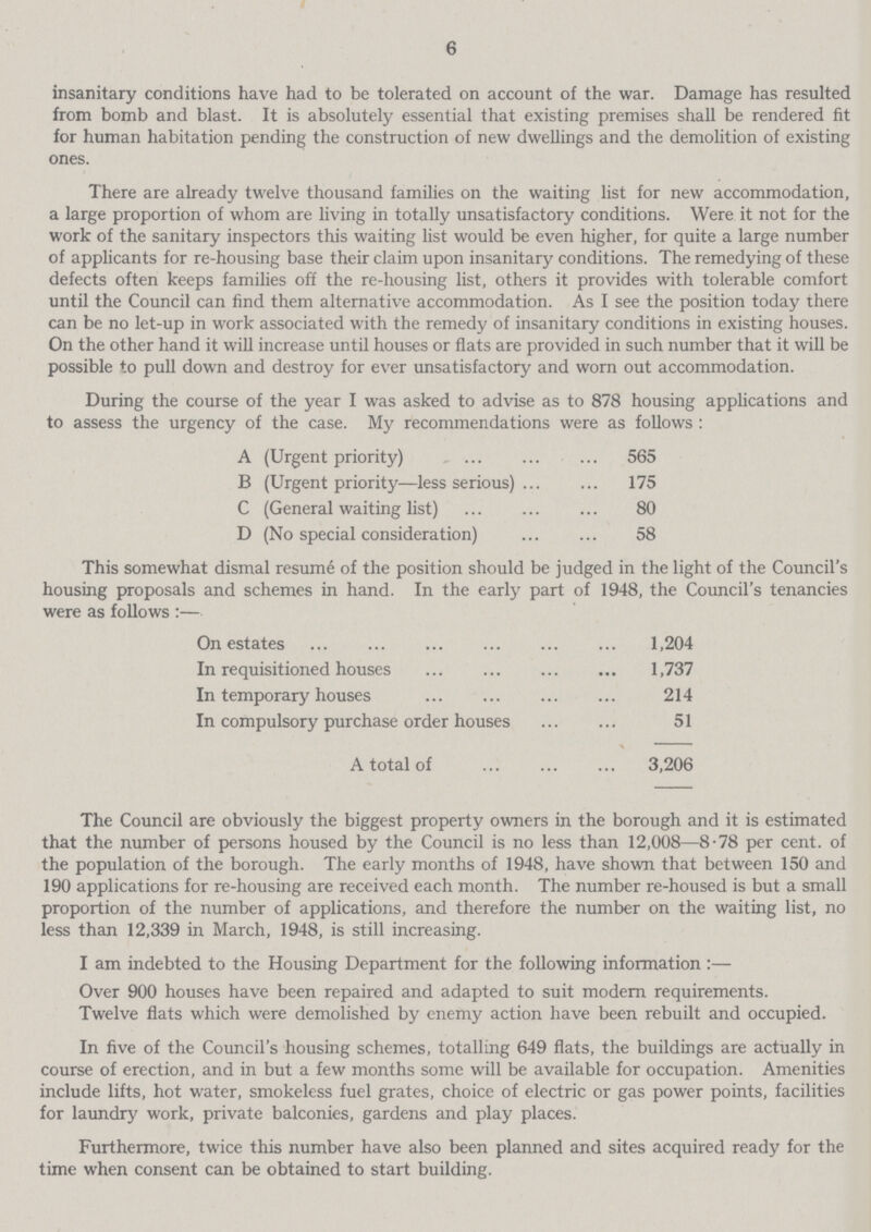 6 insanitary conditions have had to be tolerated on account of the war. Damage has resulted from bomb and blast. It is absolutely essential that existing premises shall be rendered fit for human habitation pending the construction of new dwellings and the demolition of existing ones. There are already twelve thousand families on the waiting list for new accommodation, a large proportion of whom are living in totally unsatisfactory conditions. Were it not for the work of the sanitary inspectors this waiting list would be even higher, for quite a large number of applicants for re-housing base their claim upon insanitary conditions. The remedying of these defects often keeps families off the re-housing list, others it provides with tolerable comfort until the Council can find them alternative accommodation. As I see the position today there can be no let-up in work associated with the remedy of insanitary conditions in existing houses. On the other hand it will increase until houses or flats are provided in such number that it will be possible to pull down and destroy for ever unsatisfactory and worn out accommodation. During the course of the year I was asked to advise as to 878 housing applications and to assess the urgency of the case. My recommendations were as follows: A (Urgent priority) 565 B (Urgent priority—less serious) 175 C (General waiting list) 80 D (No special consideration) 58 This somewhat dismal resume of the position should be judged in the light of the Council's housing proposals and schemes in hand. In the early part of 1948, the Council's tenancies were as follows:— On estates 1,204 In requisitioned houses 1,737 In temporary houses 214 In compulsory purchase order houses 51 A total of 3,206 The Council are obviously the biggest property owners in the borough and it is estimated that the number of persons housed by the Council is no less than 12,008—8-78 per cent. of the population of the borough. The early months of 1948, have shown that between 150 and 190 applications for re-housing are received each month. The number re-housed is but a small proportion of the number of applications, and therefore the number on the waiting list, no less than 12,339 in March, 1948, is still increasing. I am indebted to the Housing Department for the following information:— Over 900 houses have been repaired and adapted to suit modern requirements. Twelve flats which were demolished by enemy action have been rebuilt and occupied. In five of the Council's housing schemes, totalling 649 flats, the buildings are actually in course of erection, and in but a few months some will be available for occupation. Amenities include lifts, hot water, smokeless fuel grates, choice of electric or gas power points, facilities for laundry work, private balconies, gardens and play places. Furthermore, twice this number have also been planned and sites acquired ready for the time when consent can be obtained to start building.