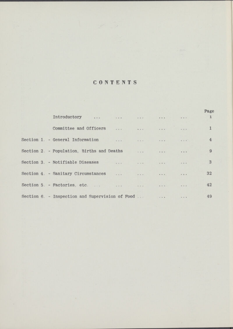 CONTENTS Page Introductory 1 Committee and Officers 1 Section 1 - General Information 4 Section 2 - Population, Births and Deaths 9 Section 3- - Notifiable Diseases 3 Section 4 - Sanitary Circumstances 32 Section 5 - Factories etc 42 Section 6 - Inspection and Supervision of Food 49