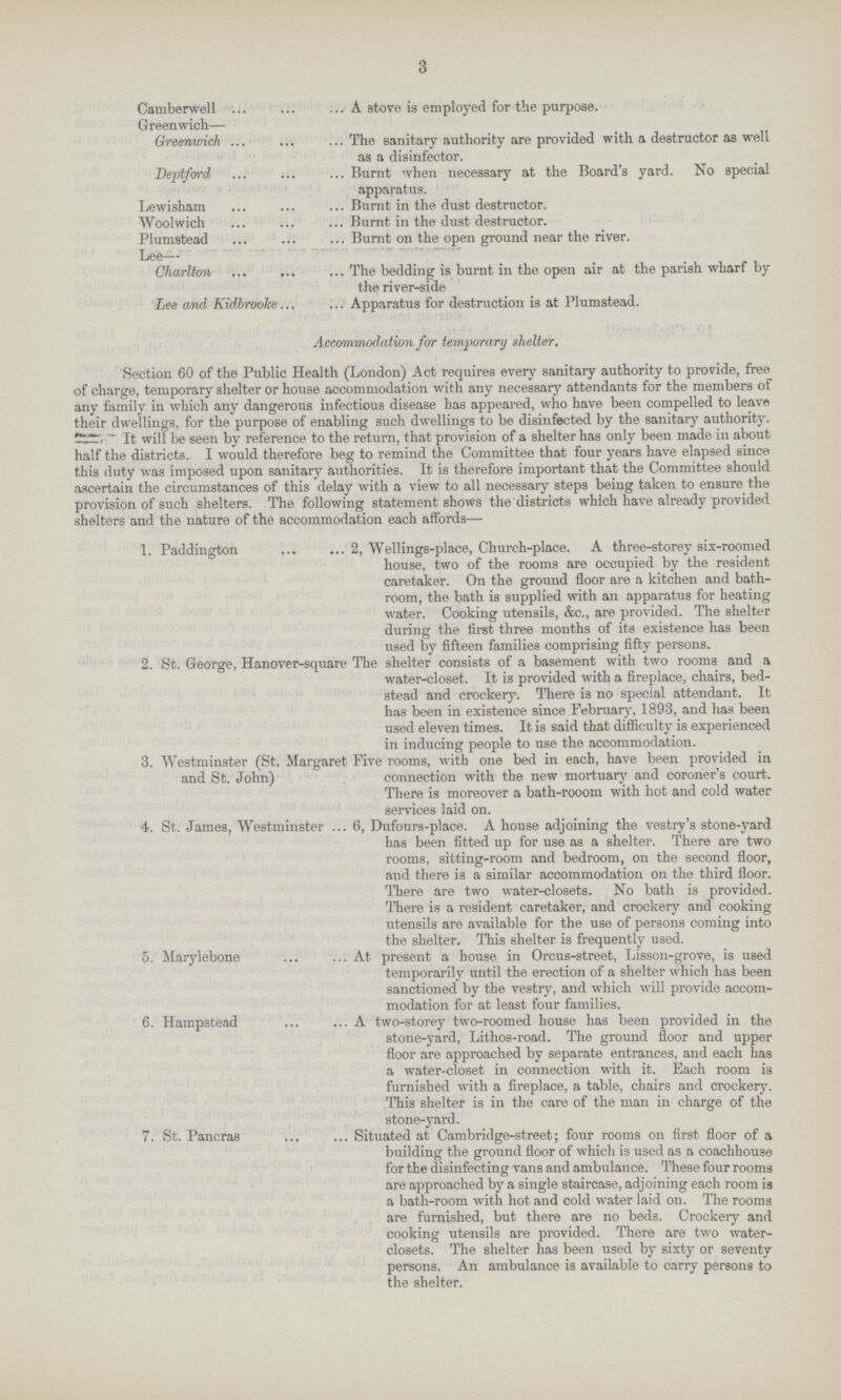 3 Camber well A stove is employed for the purpose. Greenwich— Greenwich The sanitary authority are provided with a destructor as well as a disinfector. Deptford Burnt when necessary at the Board's yard. No special apparatus. Lewisham Burnt in the dust destructor. Woolwich Burnt in the dust destructor. Plumstead Burnt on the open ground near the river. Lee— Charlton The bedding is burnt in the open air at the parish wharf by the river-side Lee and Kidbrooke Apparatus for destruction is at Plumstead. Accommodation for temporary shelter. Section 60 of the Public Health (London) Act requires every sanitary authority to provide, free of charge, temporary shelter or house accommodation with any necessary attendants for the members of any family in which any dangerous infectious disease has appeared, who have been compelled to leave their dwellings, for the purpose of enabling such dwellings to be disinfected by the sanitary authority. It will be seen by reference to the return, that provision of a shelter has only been made in about half the districts. I would therefore beg to remind the Committee that four years have elapsed since this duty was imposed upon sanitary authorities. It is therefore important that the Committee should ascertain the circumstances of this delay with a view to all necessary steps being taken to ensure the provision of such shelters. The following statement shows the districts which have already provided shelters and the nature of the accommodation each affords— 1. Paddington 2, Wellings-place, Church-place. A three-storey six-roomed house, two of the rooms are occupied by the resident caretaker. On the ground floor are a kitchen and bath room, the bath is supplied with an apparatus for heating water. Cooking utensils, &c., are provided. The shelter during the first three months of its existence has been used by fifteen families comprising fifty persons. 2. St. George, Hanover-square The shelter consists of a basement with two rooms and a water-closet. It is provided with a fireplace, chairs, bed stead and crockery. There is no special attendant. It has been in existence since February, 1893, and has been used eleven times. It is said that difficulty is experienced in inducing people to use the accommodation. 3. Westminster (St. Margaret Five rooms, with one bed in each, have been provided in and St. John) connection with the new mortuary and coroner's court. There is moreover a bath-rooom with hot and cold water services laid on. 4. St. James, Westminster 6, Dufours-place. A house adjoining the vestry's stone-yard has been fitted up for use as a shelter. There are two rooms, sitting-room and bedroom, on the second floor, and there is a similar accommodation on the third floor. There are two water-closets. No bath is provided. There is a resident caretaker, and crockery and cooking utensils are available for the use of persons coming into the shelter. This shelter is frequently used. 5. Marylebone At present a house in Orcus-street, Lisson-grove, is used temporarily until the erection of a shelter which has been sanctioned by the vestry, and which will provide accom modation for at least four families. 6. Hampstead A two-storey two-roomed house has been provided in the stone-yard, Lithos-road. The ground floor and upper floor are approached by separate entrances, and each has a water-closet in connection with it. Each room is furnished with a fireplace, a table, chairs and crockery. This shelter is in the care of the man in charge of the stone-yard. 7. St. Pancras Situated at Cambridge-street; four rooms on first floor of a building the ground floor of which is used as a coachhouse for the disinfecting vans and ambulance. These four rooms are approached by a single staircase, adjoining each room is a bath-room with hot and cold water laid on. The rooms are furnished, but there are no beds. Crockery and cooking utensils are provided. There are two water closets. The shelter has been used by sixty or seventy persons. An ambulance is available to carry persons to the shelter.