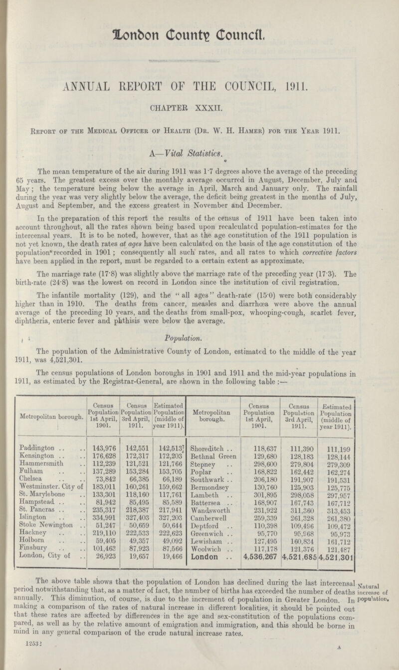 London County Council. ANNUAL REPORT OF THE COUNCIL, 1911. CHAPTER XXXII. Report of the Medical Officer of Health (Dr. W. H. Hamer) for the Year 1911. A—Vital Statistics. The mean temperature of the air during 1911 was 1:7degrees above the average of the preceding 65 years. The greatest excess over the monthly average occurred in August, December, July and May; the temperature being below the average in April, March and January only. The rainfall during the year was very slightly below the average, the deficit being greatest in the months of July, August and September, and the excess greatest in November and December. In the preparation of this report the results of the census of 1911 have been taken into account throughout, all the rates shown being based upon recalculated population-estimates for the intercensal years. It is to be noted, however, that as the age constitution of the 1911 population is not yet known, the death rates at ages have been calculated on the basis of the age constitution of the population* recorded in 1901; consequently all such rates, and all rates to which corrective factors have been applied in the report, must be regarded to a certain extent as approximate. The marriage rate (17.8) was slightly above the marriage rate of the preceding year (17.3). The birth-rate (24.8) was the lowest on record in London since the institution of civil registration. The infantile mortality (129), and the all ages death-rate (15.0) were both considerably higher than in 1910. The deaths from cancer, measles and diarrhoea were above the annual average of the preceding 10 years, and the deaths from small-pox, whooping-cough, scarlet fever, diphtheria, enteric fever and phthisis were below the average. Population. The population of the Administrative County of London, estimated to the middle of the year 1911, was 4,521,301. % The census populations of London boroughs in 1901 and 1911 and the mid-year populations in 1911, as estimated by the Registrar-General, are shown in the following table :— Metropolitan borough. Census Population 1st April, 1901. Census Population 3rd April, 1911. Estimated Population (middle of year 1911). Metropolitan borough. Census Population 1st April, 1901. Census Population 3rd April, 1911. Estimated Population (middle of year 1911). Paddington 143,976 142,551 142,513] Shoreditch 118,637 111,390 111,199 Kensington 176,628 172,317 172,203 Bethnal Green 129,680 128,183 128,144 Hammersmith 112,239 121,521 121,766 Stepney 298,600 279,804 279,309 Fulham 137,289 153,284 153,705 Poplar 168,822 162,442 162,274 Chelsea 73,842 66,385 66,189 Southwark 206,180 191,907 191,531 Westminster City of 183,011 160,261 159,662 Bermondsey 130,760 125,903 125,775 St. Marvlebone 133,301 118,160 117,761 w Lambeth 301,895 298,058 297,957 Hampstead 81,942 85,495 85,589 Battersea 168,907 167,743 167,712 St. Pancras 235,317 218,387 217,941 Wandsworth 231,922 311,360 313,453 Islington 334,991 327,403 327,203 Camberwell 259,339 261,328 261,380 Stoke Newington 51,247 50,659 50,644 Deptford 110,398 109,496 109,472 Hackney 219,110 222,533 222,623 Greenwich 95,770 95,968 95,973 Holborn 59,405 49,357 49,092 Lewisham 127,495 160,834 161,712 Finsbury 101,463 87,923 87,566 Woolwich 117,178 121,376 121,487 London, City of 26,923 19,657 19,466 London 4,536,267 4,521,685 4,521,301 Natural increase of popt^ation. The above table shows that the population of London has declined during the last intercensal period notwithstanding that, as a matter of fact, the number of births has exceeded the number of deaths annually. This diminution, of course, is due to the increment of population in Greater London. In making a comparison of the rates of natural increase in different localities, it should be pointed out that these rates are affected by differences in the age and sex-constitution of the populations com pared, as well as by the relative amount of emigration and immigration, and this should be borne in mind in any general comparison of the crude natural increase rates. 12532
