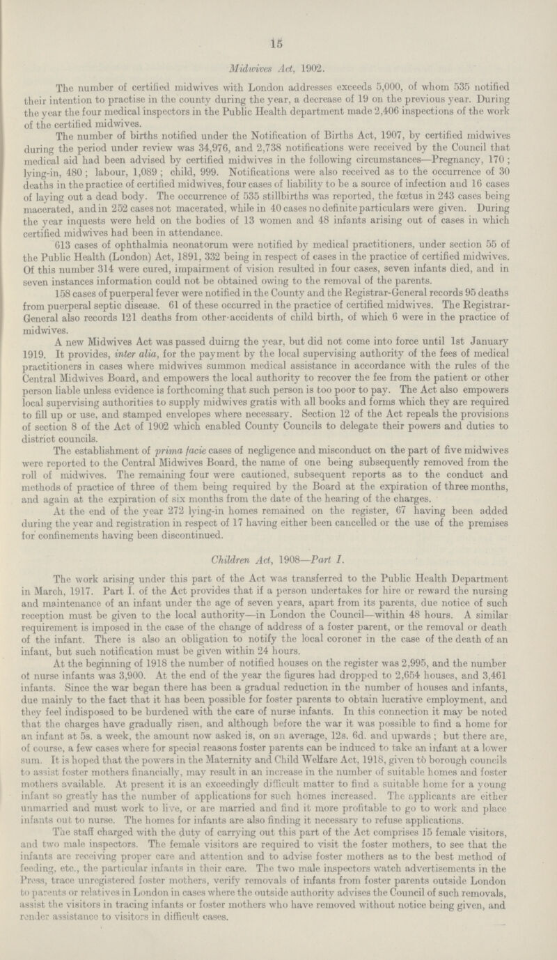 15 Midwives Act, 1902. Tlie number of certified midwives with London addresses exceeds 5,000, of whom 535 notified their intention to practise in the county during the year, a decrease of 19 on the previous year. During the year the four medical inspectors in the Public Health department made 2,406 inspections of the work of the certified midwives. The number of births notified under the Notification of Births Act, 1907, by certified midwives during the period under review was 34,976, and 2,738 notifications were received by the Council that medical aid had been advised by certified midwives in the following circumstances—Pregnancy, 170; lying-in, 480; labour, 1,089; child, 999. Notifications were also received as to the occurrence of 30 deaths in the practice of certified midwives, four cases of liability to be a source of infection and 16 cases of laying out a dead body. The occurrence of 535 stillbirths was reported, the foetus in 243 cases being macerated, and in 252 cases not macerated, while in 40 cases no definite particulars were given. During the year inquests were held on the bodies of 13 women and 48 infants arising out of cases in which certified midwives had been in attendance. 613 cases of ophthalmia neonatorum were notified by medical practitioners, under section 55 of the Public Health (London) Act, 1891, 332 being in respect of cases in the practice of certified midwives. Of this number 314 were cured, impairment of vision resulted in four cases, seven infants died, and in seven instances information could not be obtained owing to the removal of the parents. 158 cases of puerperal fever were notified in the County and the Registrar-General records 95 deaths from puerperal septic disease. 61 of these occurred in the practice of certified midwives. The Registrar General also records 121 deaths from other'accidents of child birth, of which 6 were in the practice of midwives. A new Midwives Act was passed duirng the year, but did not come into force until 1st January 1919. It provides, inter alia, for the payment by the local supervising authority of the fees of medical practitioners in cases where midwives summon medical assistance in accordance with the rules of the Central Midwives Board, and empowers the local authority to recover the fee from the patient or other person liable unless evidence is forthcoming that such person is too poor to pay. The Act also empowers local supervising authorities to supply midwives gratis with all books and forms which they are required to fill up or use, and stamped envelopes where necessary. Section 12 of the Act repeals the provisions of section 8 of the Act of 1902 which enabled County Councils to delegate their powers and duties to district councils. The establishment of prima facie cases of negligence and misconduct on the part of five midwives were reported to the Central Midwives Board, the name of one being subsequently removed from the roll of midwives. The remaining four were cautioned, subsequent reports as to the conduct and methods of practice of three of them being required by the Board at the expiration of three months, and again at the expiration of six months from the date of the hearing of the charges. At the end of the year 272 lying-in homes remained on the register, 67 having been added during the year and registration in respect of 17 having either been cancelled or the use of the premises for confinements having been discontinued. Children Act, 1908—Part I. The work arising under this part of the Act was transferred to the Public Health Department in March, 1917. Part I. of the Act provides that if a person undertakes for hire or reward the nursing and maintenance of an infant under the age of seven years, apart from its parents, due notice of such reception must be given to the local authority—in London the Council—within 48 hours. A similar requirement is imposed in the case of the change of address of a foster parent, or the removal or death of the infant. There is also an obligation to notify the local coroner in the case of the death of an infant, but such notification must be given within 24 hours. At the beginning of 1918 the number of notified houses on the register was 2,995, and the number ot nurse infants was 3,900. At the end of the year the figures had dropped to 2,654 houses, and 3,461 infants. Since the war began there has been a gradual reduction in the number of houses and infants, due mainly to the fact that it has been possible for foster parents to obtain lucrative employment, and they feel indisposed to be burdened with the care of nurse infants. In this connection it may be noted that the charges have gradually risen, and although before the war it was possible to find a home for an infant at 5s. a week, the amount now asked is, on an average, 12s. 6d. and upwards; but there are, of course, a few cases where for special reasons foster parents can be induced to take an infant at a lower sum. It is hoped that the powers in the Maternity and Child Welfare Act, 1918, given t6 borough councils to assist foster mothers financially, may result in an increase in the number of suitable homes and foster mothers available. At present it is an exceedingly difficult matter to find a suitable home for a young infant so greatly has the number of applications for such homes increased. The applicants are either unmarried and must work to live, or are married and find it more profitable to go to work and place infants out to nurse. The homes for infants are also finding it necessary to refuse applications. The staff charged with the duty of carrying out this part of the Act comprises 15 female visitors, and two male inspectors. The female visitors are required to visit the foster mothers, to see that the infants are receiving proper care and attention and to advise foster mothers as to the best method of feeding, etc., the particular infants in their care. The two male inspectors watch advertisements in the Press, trace unregistered foster mothers, verify removals of infants from foster parents outside London to parents or relatives in London in cases where the outside authority advises the Council of such removals, assist the visitors in tracing infants or foster mothers who have removed without notice being given, and render assistance to visitors in difficult cases.