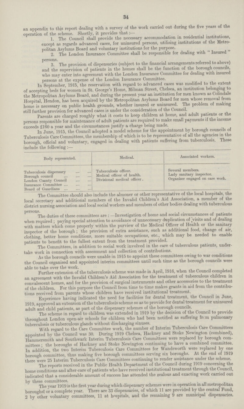 34 an appendix to this report dealing with a survey of the work carried out during the five years of the operation of the scheme. Shortly, it provides that:— 1. The Council shall provide the necessary accommodation in residential institutions, except as regards advanced cases, for uninsured persons, utilising institutions of the Metro politan Asylums Board and voluntary institutions for the purpose, 2. The London Insurance Committee shall be responsible for dealing with Insured persons. 3. The provision of dispensaries (subject to the financial arrangements referred to above) and the supervision of patients in the homes shall be the function of the borough councils, who may enter into agreement with the London Insurance Committee for dealing with insured persons at the expense of the London Insurance Committee. In September, 1915, the reservation with regard to advanced cases was modified to the extent of accepting beds for women in St. George's Home, Milman Street, Chelsea, an institution belonging to the Metropolitan Asylums Board, and during the present year an institution for men known as Colindale Hospital, Hendon, has been acquired by the Metropolitan Asylums Board for men whose removal from home is necessary on public health grounds, whether insured or uninsured. The problem of making still further provision for advanced cases is under the consideration of the Council. Parents are charged roughly what it costs to keep children at home, and adult patients or the persons responsible for maintenance of adult patients are required to make small payments if the income exceeds £160 a year and the circumstances justify a charge being made. In June, 1915, the Council adopted a model scheme for the appointment by borough councils of Tuberculosis Care Committees, the membership of which is to be representative of all the agencies in the borough, official and voluntary, engaged in dealing with patients suffering from tuberculosis. These include the following:— Body represented. Medical. Associated workers. Tuberculosis dispensary Tuberculosis officer. Several members. Borough council Medical officer of health. Lady sanitary inspector. London County Council Divisional medical officer. Organiser engaged on care work. Insurance Committee Board of Guardians The Committee should also include the almoner or other representative of the local hospitals, the local secretary and additional members of the Invalid Children's Aid Association, a member of the district nursing association and local social workers and members of other bodies dealing with tuberculous persons. The duties of these committees are: —Investigation of home and social circumstances of patients when required ; paying special attention to avoidance of unnecessary duplication of Visits and of dealing with matters which come properly within the purview of the Medical Officer of Health or the sanitary inspector of the borough; the provision of extra assistance, such as additional food, change of air, clothing, better home conditions, more suitable occupations, etc., which may be needed to enable patients to benefit to the fullest extent from the treatment provided. The Committees, in addition to social work involved in the care of tuberculous patients, under take work in connection with assessment and collection of contributions. As the borough councils were unable in 1915 to appoint these committees owing to war conditions the Council organised and appointed interim committees until such time as the borough councils were able to take over the work. Further extension of the tuberculosis scheme was made in April, 1916, when the Council completed an agreement with the Invalid Children's Aid Association for the treatment of tuberculous children in convalescent homes, and for the provision of surgical instruments and other accessories to the treatment of the children. For this purpose the Council from time to time makes grants in aid from the contribu tions received from parents whose children have received institutional treatment. Experience having indicated the need for facilities for dental treatment, the Council in June, 1919, approved an extension of the tuberculosis scheme so as to provide for dental treatment for uninsured adult and child patients, as part of the dispensary schemes of the borough councils. The scheme in regard to children was extended in 1919 by the decision of the Council to provide throughout London open-air schools for children who had been notified as suffering from pulmonary tuberculosis or tuberculous glands without discharging sinuses. With regard to the Care Committee work, the number of Interim Tuberculosis Care Committees appointed by the Council was 30. During 1919 Chelsea, Hackney and Stoke Newington (combined), Hammersmith and Southwark Interim Tuberculosis Care Committees were replaced by borough com mittees ; the boroughs of Hackney and Stoke Newington continuing to have a combined committee. In addition, the two Interim Tuberculosis Care Committees for Wandsworth were replaced by one borough committee, thus making five borough committees serving six boroughs. At the end of 1919 there were 25 Interim Tuberculosis Care Committees continuing to render assistance under the scheme. The reports received in the Public Health Department of the Council during 1919 concerning the home conditions and after-care of patients who have received institutional treatment through the Council, indicated that a considerable amount of success has attended the zealous and exacting work carried out by these committees. The year 1919 is the first year during which dispensary schemes were in operation in all metropolitan boroughst or a complete year. There are 33 dispensaries, of which 11 are provided by the central Fund, 2 by other voluntary committees, 11 at hospitals, and the remaining 9 are municipal dispensaries.