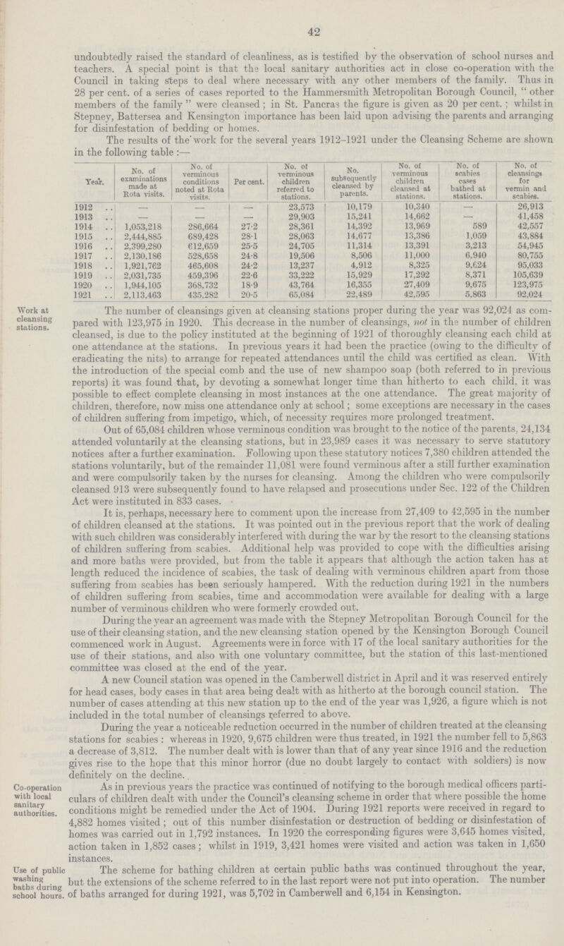 42 undoubtedly raised the standard of cleanliness, as is testified by the observation of school nurses and teachers. A special point is that the local sanitary authorities act in close co-operation with the Council in taking steps to deal where necessary with any other members of the family. Thus in 28 per cent. of a series of cases reported to the Hammersmith Metropolitan Borough Council, other members of the family were cleansed; in St. Pancras the figure is given as 20 per cent. ; whilst in Stepney, Battersea and Kensington importance has been laid upon advising the parents and arranging for disinfestation of bedding or homes. The results of the work tor the several years 1912-1921 under the Cleansing Scheme are shown in the following table:- Year. No. of examinations made at Rota visits. No. of verminous conditions noted at Rota visits. Per cent. No. of verminous children referred to stations. No. subsequently cleansed by parents. No. of verminous children cleansed at stations. No. of scabies eases bathed at stations. No. of cleansings for vermin and scabies. 1912 - - - 23,573 10,179 10,340 - 26,913 1913 - - - 29,903 15,241 14,662 - 41,458 1914 1,053,218 286,664 27.2 28,361 14,392 13,969 589 42,557 1915 2,444,885 689,428 28.1 28,063 14,677 13,386 1,059 43,884 1916 2,399,280 612,659 25.5 24,705 11,314 13,391 3,213 54,945 1917 2,130,186 528,658 24.8 19,506 8,506 11,000 6,940 80,755 1918 1,921,762 465,608 24.2 13,237 4,912 8,325 9,624 95,033 1919 2,031,735 459,396 22.6 33,222 15,929 17,292 8,371 105,639 1920 1,944,105 368,732 18.9 43,764 16,355 27,409 9,675 123,975 1921 2,113,463 435,282 20.5 65,084 22,489 42,595 5,863 92,024 Work at cleansing stations. The number of cleansings given at cleansing stations proper during the year was 92,024 as com pared with 123,975 in 1920. This decrease in the number of cleansings, not in the number of children cleansed, is due to the policy instituted at the beginning of 1921 of thoroughly cleansing each child at one attendance at the stations. In previous years it had been the practice (owing to the difficulty of eradicating the nits) to arrange for repeated attendances until the child was certified as clean. With the introduction of the special comb and the use of new shampoo soap (both referred to in previous reports) it was found that, by devoting a somewhat longer time than hitherto to each child, it was possible to effect complete cleansing in most instances at the one attendance. The great majority of children, therefore, now miss one attendance only at school; some exceptions are necessary in the cases of children suffering from impetigo, which, of necessity requires more prolonged treatment. Out of 65,084 children whose verminous condition was brought to the notice of the parents, 24,134 attended voluntarily at the cleansing stations, but in 23,989 cases it was necessary to serve statutory notices after a further examination. Following upon these statutory notices 7,380 children attended the stations voluntarily, but of the remainder 11,081 were found verminous after a still further examination and were compulsorily taken by the nurses for cleansing. Among the children who were compulsorily cleansed 913 were subsequently found to have relapsed and prosecutions under Sec. 122 of the Children Act were instituted in 833 cases. It is, perhaps, necessary here to comment upon the increase from 27,409 to 42,595 in the number of children cleansed at the stations. It was pointed out in the previous report that the work of dealing with such children was considerably interfered with during the war by the resort to the cleansing stations of children suffering from scabies. Additional help was provided to cope with the difficulties arising and more baths were provided, but from the table it appears that although the action taken has at length reduced the incidence of scabies, the task of dealing with verminous children apart from those suffering from scabies has been seriously hampered. With the reduction during 1921 in the numbers of children suffering from scabies, time and accommodation were available for dealing with a large number of verminous children who were formerly crowded out. During the year an agreement was made with the Stepney Metropolitan Borough Council for the use of their cleansing station, and the new cleansing station opened by the Kensington Borough Council commenced work in August. Agreements were in force with 17 of the local sanitary authorities for the use of their stations, and also with one voluntary committee, but the station of this last-mentioned committee was closed at the end of the year. A new Council station was opened in the Camberwell district in April and it was reserved entirely for head cases, body cases in that area being dealt with as hitherto at the borough council station. The number of cases attending at this new station up to the end of the year was 1,926, a figure which is not included in the total number of cleansings referred to above. During the year a noticeable reduction occurred in the number of children treated at the cleansing stations for scabies : whereas in 1920, 9,675 children were thus treated, in 1921 the number fell to 5,863 a decrease of 3,812. The number dealt with is lower than that of any year since 1916 and the reduction gives rise to the hope that this minor horror (due no doubt largely to contact with soldiers) is now definitely on the decline. Co-operation with local sanitary authorities. As in previous years the practice was continued of notifying to the borough medical officers parti culars of children dealt with under the Council's cleansing scheme in order that where possible the home conditions might be remedied under the Act of 1904. During 1921 reports were received in regard to 4,882 homes visited ; out of this number disinfestation or destruction of bedding or disinfestation of homes was carried out in 1,792 instances. In 1920 the corresponding figures were 3,645 homes visited, action taken in 1,852 cases; whilst in 1919, 3,421 homes were visited and action was taken in 1,650 instances. Use of public washing baths during school hours. The scheme for bathing children at certain public baths was continued throughout the year, but the extensions of the scheme referred to in the last report were not put into operation. The number of baths arranged for during 1921, was 5,702 in Camberwell and 6,154 in Kensington.