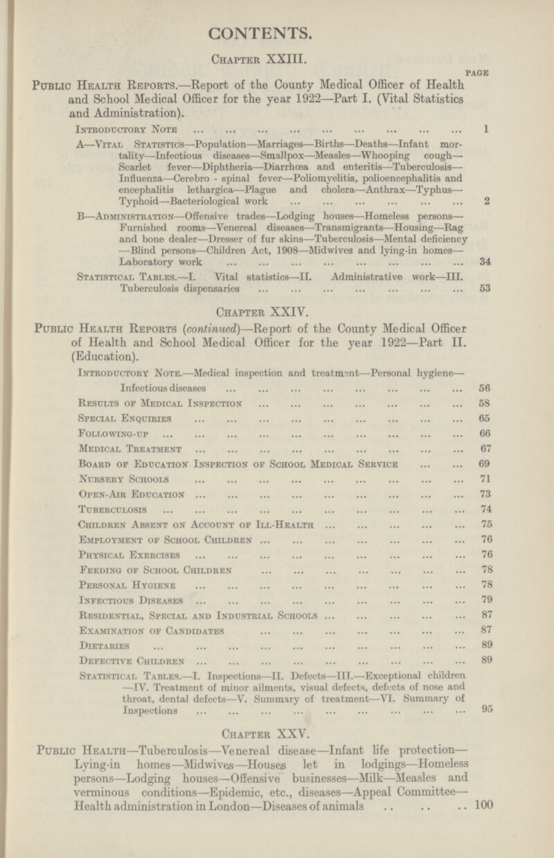 CONTENTS. Chapter XXIII. PAGE Public Health Reports.—Report of the County Medical Officer of Health and School Medical Officer for the year 1922—Part I. (Vital Statistics and Administration). Introductory Note 1 A—Vital Statistics—Population—Marriages—Births—Deaths—Infant mor tality—Infectious diseases—Smallpox—Measles—Whooping cough Scarlet fever—Diphtheria—Diarrhoea and enteritis—Tuberculosis— Influenza—Cerebro - spinal fever—Poliomyelitis, polioencephalitis and encephalitis lethargica—Plague and cholera—Anthrax—Typhus—- Typhoid—Bacteriological work 2 B—Administration—Offensive trades—Lodging houses—Homeless persons— Furnished rooms—Venereal diseases—Transmigrants—Housing—-Rag and bone dealer—Dresser of fur skins—Tuberculosis—Mental deficiency —Blind persons—Children Act, 1908—Midwives and lying-in homes— Laboratory work 34 Statistical Tables.—I. Vital statistics—II. Administrative work—III. Tuberculosis dispensaries 53 Chapter XXIV. Public Health Reports (continued)—Report of the County Medical Officer of Health and School Medical Officer for the year 1922—Part II. (Education). Introductory Note.—Medical inspection and treatment—Personal hygiene— Infectious diseases 56 Results of Medical Inspection 58 Special Enquiries 65 Following-up 66 Medical Treatment 67 Board of Education Inspection of School Medical Service 69 Nursery Schools 71 Open-Air Education 73 Tuberculosis 74 Children Absent on Account of Ill-Health 75 Employment of School Children 76 Physical Exercises 76 Feeding of School Children 78 Personal Hygiene 78 Infectious Diseases 79 Residential, Special and Industrial Schools 87 Examination of Candidates 87 Dietaries 89 Defective Children 89 Statistical Tables.—-I. Inspections—II. Defects—III.—Exceptional children —IV. Treatment of minor ailments, visual defects, defects of nose and throat, dental defects—V. Summary of treatment—VI. Summary of Inspections 95 Chapter XXV. Public Health—Tuberculosis—Venereal disease—Infant life protection— Lying-in homes—Midwives—Houses let in lodgings—Homeless persons—Lodging houses—Offensive businesses—Milk—Measles and verminous conditions—Epidemic, etc., diseases—Appeal Committee— Health administration in London—Diseases of animals 100