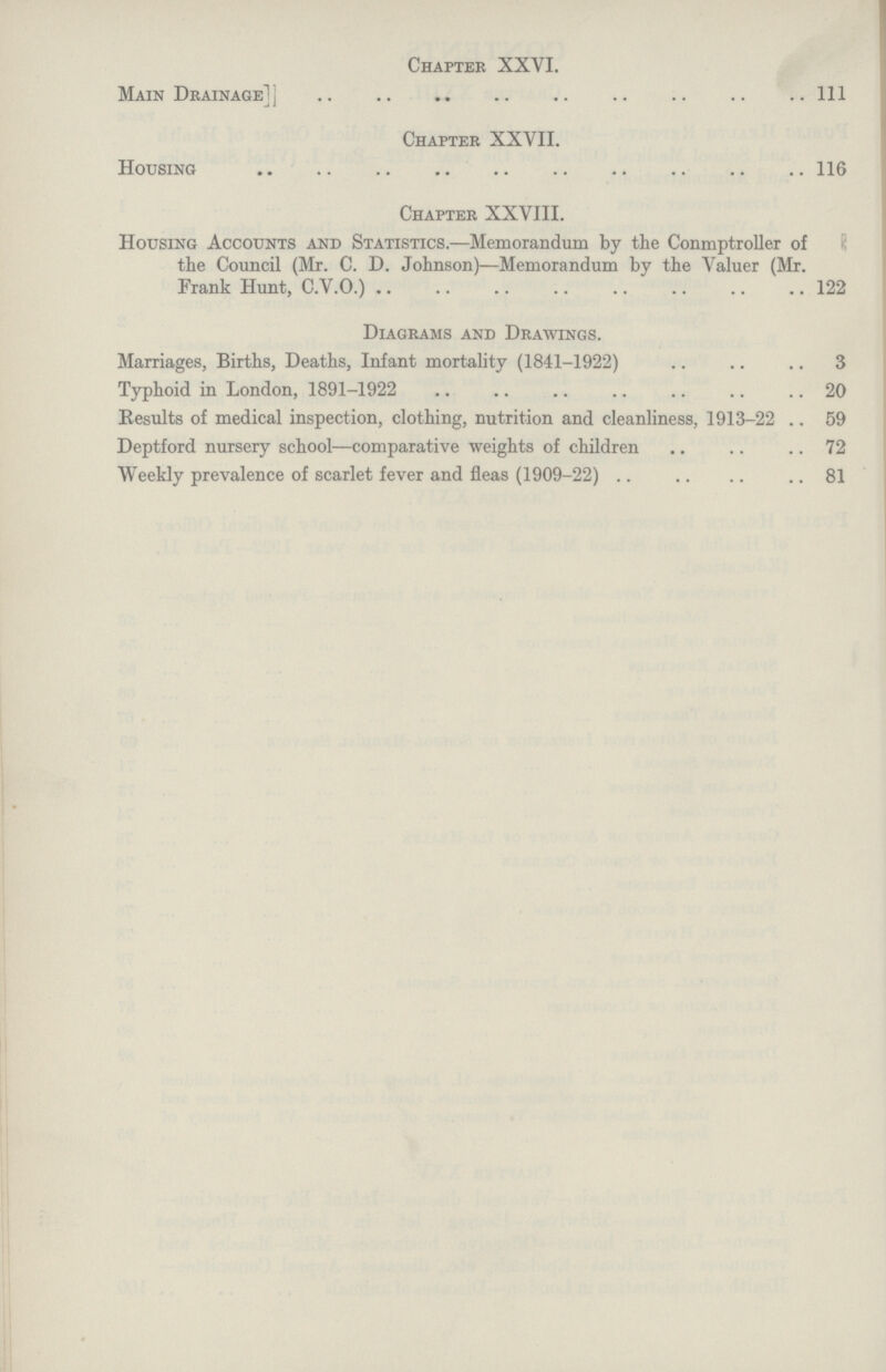 Chapter XXVI. Main Drainage 111 Chapter XXVII. Housing 116 Chapter XXVIII. Housing Accounts and Statistics.—Memorandum by the Conmptroller of the Council (Mr. C. D. Johnson)—Memorandum by the Valuer (Mr. Frank Hunt, C.V.O.) 122 Diagrams and Drawings. Marriages, Births, Deaths, Infant mortality (1841-1922) 3 Typhoid in London, 1891-1922 20 Results of medical inspection, clothing, nutrition and cleanliness, 1913-22 59 Deptford nursery school—comparative weights of children 72 Weekly prevalence of scarlet fever and fleas (1909-22) 81