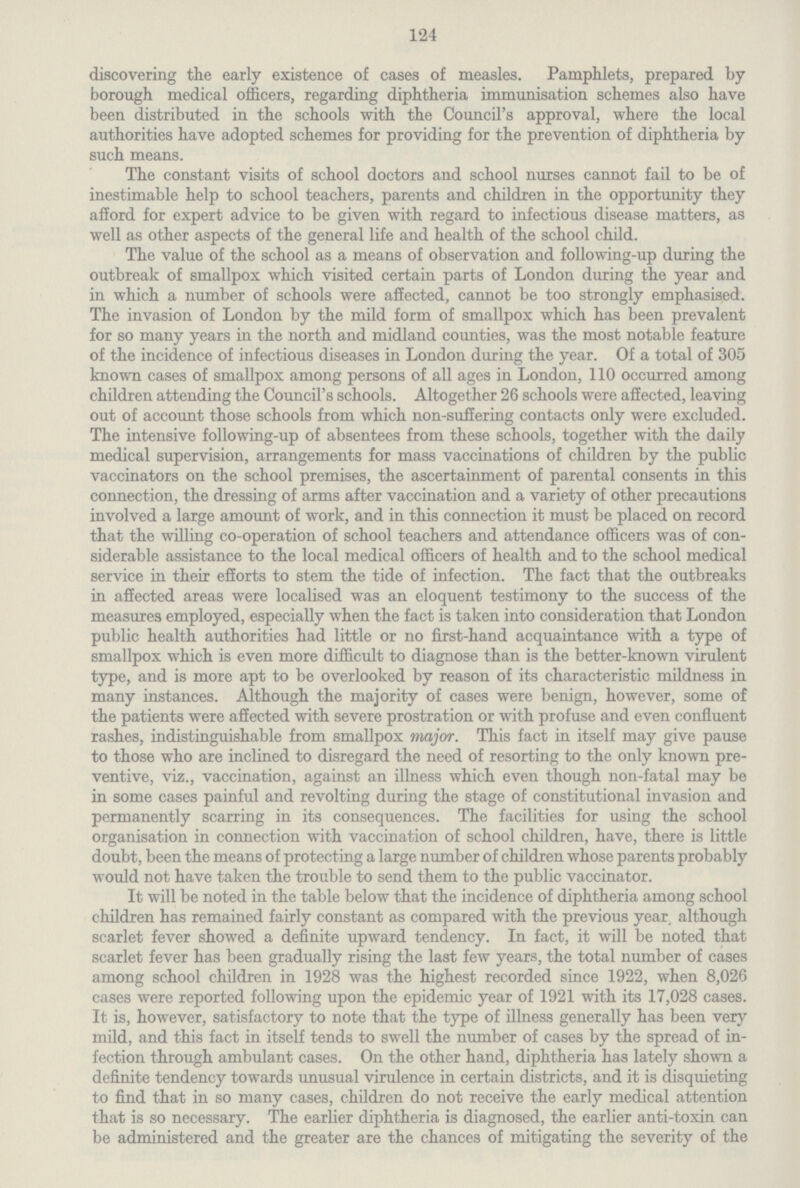 124 discovering the early existence of cases of measles. Pamphlets, prepared by borough medical officers, regarding diphtheria immunisation schemes also have been distributed in the schools with the Council's approval, where the local authorities have adopted schemes for providing for the prevention of diphtheria by such means. The constant visits of school doctors and school nurses cannot fail to be of inestimable help to school teachers, parents and children in the opportunity they afford for expert advice to be given with regard to infectious disease matters, as well as other aspects of the general life and health of the school child. The value of the school as a means of observation and following-up during the outbreak of smallpox which visited certain parts of London during the year and in which a number of schools were affected, cannot be too strongly emphasised. The invasion of London by the mild form of smallpox which has been prevalent for so many years in the north and midland counties, was the most notable feature of the incidence of infectious diseases in London during the year. Of a total of 305 known cases of smallpox among persons of all ages in London, 110 occurred among children attending the Council's schools. Altogether 26 schools were affected, leaving out of account those schools from which non-suffering contacts only were excluded. The intensive following-up of absentees from these schools, together with the daily medical supervision, arrangements for mass vaccinations of children by the public vaccinators on the school premises, the ascertainment of parental consents in this connection, the dressing of arms after vaccination and a variety of other precautions involved a large amount of work, and in this connection it must be placed on record that the willing co-operation of school teachers and attendance officers was of con siderable assistance to the local medical officers of health and to the school medical service in their efforts to stem the tide of infection. The fact that the outbreaks in affected areas were localised was an eloquent testimony to the success of the measures employed, especially when the fact is taken into consideration that London public health authorities had little or no first-hand acquaintance with a type of smallpox which is even more difficult to diagnose than is the better-known virulent type, and is more apt to be overlooked by reason of its characteristic mildness in many instances. Although the majority of cases were benign, however, some of the patients were affected with severe prostration or with profuse and even confluent rashes, indistinguishable from smallpox major. This fact in itself may give pause to those who are inclined to disregard the need of resorting to the only known pre ventive, viz., vaccination, against an illness which even though non-fatal may be in some cases painful and revolting during the stage of constitutional invasion and permanently scarring in its consequences. The facilities for using the school organisation in connection with vaccination of school children, have, there is little doubt, been the means of protecting a large number of children whose parents probably would not have taken the trouble to send them to the public vaccinator. It will be noted in the table below that the incidence of diphtheria among school children has remained fairly constant as compared with the previous year, although scarlet fever showed a definite upward tendency. In fact, it will be noted that scarlet fever has been gradually rising the last few years, the total number of cases among school children in 1928 was the highest recorded since 1922, when 8,026 cases were reported following upon the epidemic year of 1921 with its 17,028 cases. It is, however, satisfactory to note that the type of illness generally has been very mild, and this fact in itself tends to swell the number of cases by the spread of in fection through ambulant cases. On the other hand, diphtheria has lately shown a definite tendency towards unusual virulence in certain districts, and it is disquieting to find that in so many cases, children do not receive the early medical attention that is so necessary. The earlier diphtheria is diagnosed, the earlier anti-toxin can be administered and the greater are the chances of mitigating the severity of the