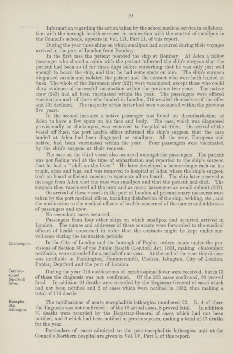 10 Information regarding the action taken by the school medical service in collabora tion with the borough health services, in connection with the control of smallpox in the Council's schools, appears in Vol. III, Part II, of this report. During the year three ships on which smallpox had occurred during their voyages arrived in the port of London from Bombay. In the first case the patient boarded the ship at Bombay. At Aden a fellow passenger who shared a cabin with the patient informed the ship's surgeon that the patient had been so ill for three days before embarking that he was only just well enough to board the ship, and that he had some spots on him. The ship's surgeon diagnosed variola and isolated the patient and the contact who were both landed at Suez. The whole of the European crew (221) were vaccinated, except those who could show evidence of successful vaccination within the previous two years. The native crew (243) had all been vaccinated within the year. The passengers were offered vaccination and, of those who landed in London, 219 availed themselves of the offer and 152 declined. The majority of the latter had been vaccinated within the previous five years. In the second instance a native passenger was found on disembarkation at Aden to have a few spots on his face and body. The case, which was diagnosed provisionally as chickenpox, was removed to hospital at Aden. On arrival of the vessel off Suez, the port health officer informed the ship's surgeon that the case landed at Aden had been diagnosed as smallpox. All the crew, European and native, had been vaccinated within the year. Four passengers were vaccinated by the ship's surgeon at their request. The case on the third vessel also occurred amongst the passengers. The patient was not feeling well at the time of embarkation and reported to the ship's surgeon that he had a chill on the liver. He later developed a hæmorrhagic rash on his trunk, arms and legs, and was removed to hospital at Aden where the ship's surgeon took on board sufficient vaccine to vaccinate all on board. The ship later received a message from Aden that the case was smallpox and that the patient had died. The surgeon then vaccinated all the crew and as many passengers as would submit (257). On arrival of these vessels in the port of London all precautionary measures were taken by the port medical officer, including disinfection of the ship, bedding, etc., and the notification to the medical officers of health concerned of the names and addresses of passengers and crew. No secondary cases occurred. Passengers from four other ships on which smallpox had occurred arrived in London. The names and addresses of these contacts were forwarded to the medical officers of health concerned in order that the contacts might be kept under sur veillance during the incubation periods. In the City of London and the borough of Poplar, orders, made under the pro visions of Section 55 of the Public Health (London) Act, 1891, making chickenpox notifiable, were extended for a period of one year. At the end of the year this disease was notifiable in Paddington, Hammersmith, Chelsea, Islington, City of London, Poplar, Deptford and the port of London. During the year 216 notifications of cerebrospinal fever were received, but in 13 of these the diagnosis was not confirmed. Of the 203 cases confirmed, 90 proved fatal. In addition 24 deaths were recorded by the Registrar-General of cases which had not been notified and 2 of cases which were notified in 1932, thus making a total of 116 deaths. The notifications of acute encephalitis lethargica numbered 22. In 4 of these the diagnosis was not confirmed; of the 18 actual cases, 8 proved fatal. In addition 31 deaths were recorded by the Registrar-General of cases which had not been notified, and 8 which had been notified in previous years, making a total of 47 deaths for the year. Particulars of cases admitted to the post-encephalitis lethargica unit at the Council's Northern hospital are given in Vol. IV. Part I, of this report. Chickenpox. Cerebro spinal (spotted) fever. Encepha litis lethargica.