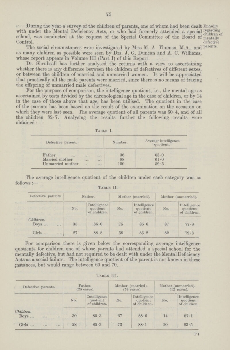 79 Enquiry regarding children of mentally defective parents. During the year a survey of the children of parents, one of whom had been dealt with under the Mental Deficiency Acts, or who had formerly attended a special school, was conducted at the request of the Special Committee of the Board of Control. The social circumstances were investigated by Miss M. A. Thomas, M.A., and as many children as possible were seen by Drs. J. G. Duncan and A. C. Williams, whose report appears in Volume III (Part I) of this Report. Dr. Shrubsall has further analysed the returns with a view to ascertaining whether there is any diiference between the children of defectives of different sexes, or between the children of married and unmarried women. It will be appreciated that practically all the male parents were married, since there is no means of tracing the offspring of unmarried male defectives. For the purpose of comparison, the intelligence quotient, i.e., the mental age as ascertained by tests divided by the chronological age in the case of children, or by 14 in the case of those above that age, has been utilised. The quotient in the case of the parents has been based on the result of the examination on the occasion on which they were last seen. The average quotient of all parents was 60 • 4, and of all the children 82-7. Analysing the results further the following results were obtained :— Table I. Defective parent. Number. Average intelligence quotient. Father 36 63.0 Married mother 88 61.0 Unmarried mother 150 59.5 The average intelligence quotient of the children under each category was as follows:— Table II. Defective parents. Father. Mother (married). .Mother (unmarried). No. Intelligence quotient of children. No. Intelligence quotient of children. No. Intelligence quotient of children. Children. Boys 35 86.0 75 85.6 87 77.9 Girls 27 88.8 58 85.2 82 79.8 For comparison there is given below the corresponding average intelligence quotients for children one of whose parents had attended a special school for the mentally defective, but had not required to be dealt with under the Mental Deficiency Acts as a social failure. The intelligence quotient of the parent is not known in these instances, but would range between 60 and 70. Table III. Defective parents. Father. (25 cases). Mother (married). (53 cases). Mother (unmarried). (12 cases). No*. Intelligence quotient of children. No. Intelligence quotient of children. No. Intelligence quotient of children. Children. Boys 30 85.3 67 88.6 14 87.1 Girls 28 85.3 73 88.1 20 83.5 Fl