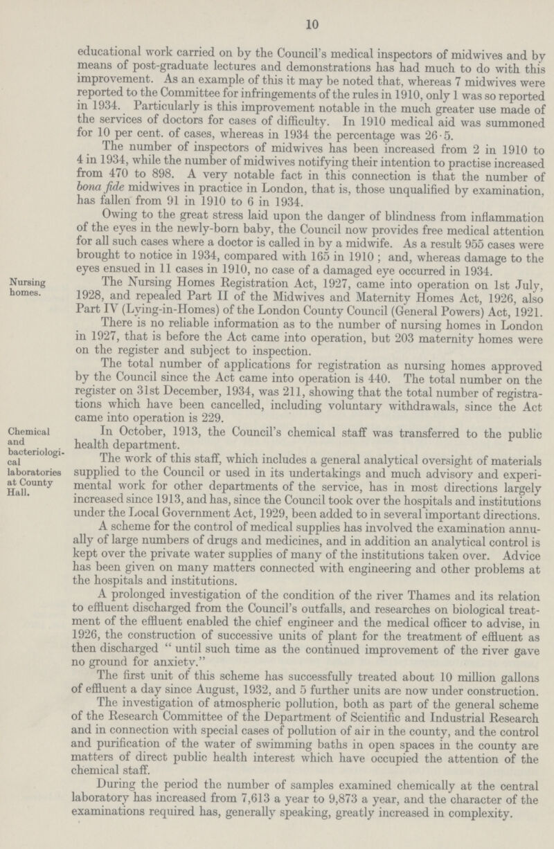 10 educational work carried on by the Council's medical inspectors of midwives and by means of post-graduate lectures and demonstrations has had much to do with this improvement. As an example of this it may be noted that, whereas 7 midwives were reported to the Committee for infringements of the rules in 1910, only 1 was so reported in 1934. Particularly is this improvement notable in the much greater use made of the services of doctors for cases of difficulty. In 1910 medical aid was summoned for 10 per cent, of cases, whereas in 1934 the percentage was 26.5. The number of inspectors of midwives has been increased from 2 in 1910 to 4 in 1934, while the number of midwives notifying their intention to practise increased from 470 to 898. A very notable fact in this connection is that the number of bona fide midwives in practice in London, that is, those unqualified by examination, has fallen from 91 in 1910 to 6 in 1934. Owing to the great stress laid upon the danger of blindness from inflammation of the eyes in the newly-born baby, the Council now provides free medical attention for all such cases where a doctor is called in by a midwife. As a result 955 cases were brought to notice in 1934, compared with 165 in 1910; and, whereas damage to the eves ensued in 11 cases in 1910. no case of a damaged eve occurred in 1934. Nursing homes. The Nursing Homes Registration Act, 1927, came into operation on 1st July, 1928, and repealed Part II of the Midwives and Maternity Homes Act, 1926, also Part IV (Lying-in-Homes) of the London County Council (General Powers) Act, 1921. There is no reliable information as to the number of nursing homes in London in 1927, that is before the Act came into operation, but 203 maternity homes were on the register and subject to inspection. The total number of applications for registration as nursing homes approved by the Council since the Act came into operation is 440. The total number on the register on 31st December, 1934, was 211, showing that the total number of registra tions which have been cancelled, including voluntary withdrawals, since the Act came into operation is 229. Chemical and bacteriologi cal laboratories at County Hall. In October, 1913, the Council s chemical staff was transferred to the public health department. The work of this staff, which includes a general analytical oversight of materials supplied to the Council or used in its undertakings and much advisory and experi mental work for other departments of the service, has in most directions largely increased since 1913, and has, since the Council took over the hospitals and institutions under the Local Government Act, 1929, been added to in several important directions. A scheme for the control of medical supplies has involved the examination annu ally of large numbers of drugs and medicines, and in addition an analytical control is kept over the private water supplies of many of the institutions taken over. Advice has been given on many matters connected with engineering and other problems at the hospitals and institutions. A prolonged investigation of the condition of the river Thames and its relation to effluent discharged from the Council's outfalls, and researches on biological treat ment of the effluent enabled the chief engineer and the medical officer to advise, in 1926, the construction of successive units of plant for the treatment of effluent as then discharged until such time as the continued improvement of the river gave no ground for anxiety. The first unit of this scheme has successfully treated about 10 million gallons of effluent a day since August, 1932, and 5 further units are now under construction. The investigation of atmospheric pollution, both as part of the general scheme of the Research Committee of the Department of Scientific and Industrial Research and in connection with special cases of pollution of air in the county, and the control and purification of the water of swimming baths in open spaces in the county are matters of direct public health interest which have occupied the attention of the chemical staff. During the period the number of samples examined chemically at the central laboratory has increased from 7,613 a year to 9,873 a year, and the character of the examinations required has, generally speaking, greatly increased in complexity.