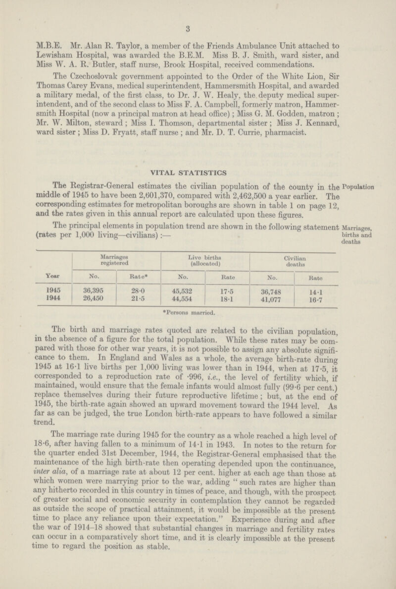 3 M.B.E. Mr. Alan R. Taylor, a member of the Friends Ambulance Unit attached to Lewisham Hospital, was awarded the B.E.M. Miss B. J. Smith, ward sister, and Miss W. A. R. Butler, staff nurse, Brook Hospital, received commendations. The Czechoslovak government appointed to the Order of the White Lion, Sir Thomas Carey Evans, medical superintendent, Hammersmith Hospital, and awarded a military medal, of the first class, to Dr. J. W. Healy, the deputy medical super intendent, and of the second class to Miss F. A. Campbell, formerly matron, Hammer smith Hospital (now a principal matron at head office); Miss G. M. Godden, matron ; Mr. W. Milton, steward; Miss I. Thomson, departmental sister; Miss J. Kennard, ward sister; Miss D. Fryatt, staff nurse; and Mr. D. T. Currie, pharmacist. VITAL STATISTICS The Registrar-General estimates the civilian population of the county in the middle of 1945 to have been 2,601,370, compared with 2,462,500 a year earlier. The corresponding estimates for metropolitan boroughs are shown in table 1 on page 12, and the rates given in this annual report are calculated upon these figures. Population The principal elements in population trend are shown in the following statement (rates per 1,000 living—civilians):— Year Marriages registered Live births (allocated) Civilian deaths No. Rate* No. Rate No. Rate 1945 36,395 28.0 45,532 17.5 36,748 14.1 1944 26,450 21.5 44,554 18.1 41,077 16.7 Marriages, births and deaths * Persons married. The birth and marriage rates quoted are related to the civilian population, in the absence of a figure for the total population. While these rates may be com pared with those for other war years, it is not possible to assign any absolute signifi cance to them. In England and Wales as a whole, the average birth-rate during 1945 at 16.1 five births per 1,000 living was lower than in 1944, when at 17.5, it corresponded to a reproduction rate of .996, i.e., the level of fertility which, if maintained, would ensure that the female infants would almost fully (99.6 per cent.) replace themselves during their future reproductive lifetime; but, at the end of 1945, the birth-rate again showed an upward movement toward the 1944 level. As far as can be judged, the true London birth-rate appears to have followed a similar trend. The marriage rate during 1945 for the country as a whole reached a high level of 18.6, after having fallen to a minimum of 14.1 in 1943. In notes to the return for the quarter ended 31st December, 1944, the Registrar-General emphasised that the maintenance of the high birth-rate then operating depended upon the continuance, inter alia, of a marriage rate at about 12 per cent. higher at each age than those at which women were marrying prior to the war, adding such rates are higher than any hitherto recorded in this country in times of peace, and though, with the prospect of greater social and economic security in contemplation they cannot be regarded as outside the scope of practical attainment, it would be impossible at the present time to place any reliance upon their expectation. Experience during and after The war of 1914-18 showed that substantial changes in marriage and fertility rates can occur in a comparatively short time, and it is clearly impossible at the present time to regard the position as stable.