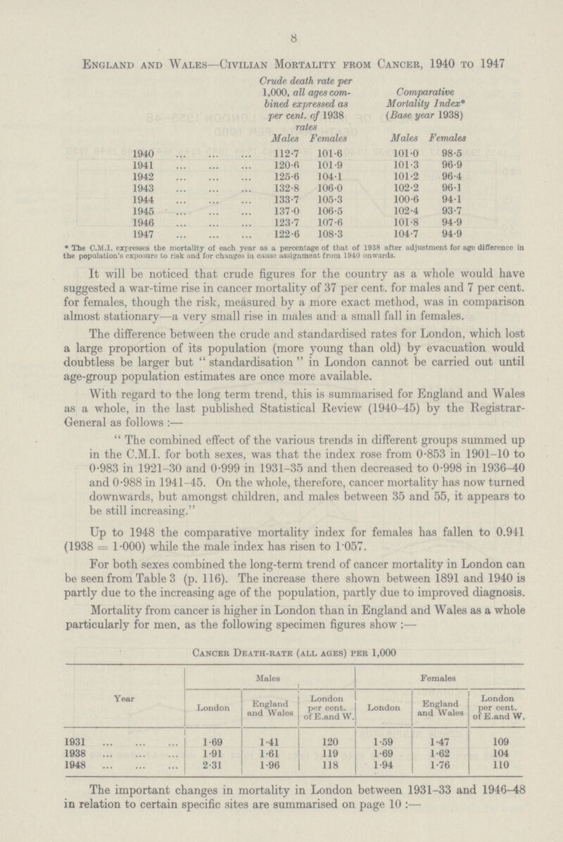 8 England and Wales—Civilian Mortality from Cancer, 1940 to 1947 Crude death rate per 1,000, all ages com bined expressed as per cent. of 1938 rates Comparative Mortality Index* (Base year 1938) Males Females Males Females 1940 112.7 101.6 101.0 98.5 1941 120-6 101.9 101.3 96.9 1942 125.6 104.1 101.2 96.4 1943 132.8 106.0 102.2 96.1 1944 133.7 105.3 100.6 94.1 1945 137.0 106.5 102.4 93.7 1946 123.7 107.6 101.8 94.9 1947 122.6 108.3 104.7 94.9 * The C.M.I, expresses the mortality of each year as a percentage of that of 1938 after adjustment for age difference in the population's exposure to risk and for changes in cause assignment from 1940 onwards. It will be noticed that crude figures for the country as a whole would have suggested a war-time rise in cancer mortality of 37 per cent. for males and 7 per cent. for females, though the risk, measured by a more exact method, was in comparison almost stationary—a very small rise in males and a small fall in females. The difference between the crude and standardised rates for London, which lost a large proportion of its population (more young than old) by evacuation would doubtless be larger but  standardisation  in London cannot be carried out until age-group population estimates are once more available. With regard to the long term trend, this is summarised for England and Wales as a whole, in the last published Statistical Review (1940-45) by the Registrar General as follows :— The combined effect of the various trends in different groups summed up in the C.M.I, for both sexes, was that the index rose from 0.853 in 1901-10 to 0.983 in 1921-30 and 0.999 in 1931-35 and then decreased to 0.998 in 1936-40 and 0-988 in 1941-45. On the whole, therefore, cancer mortality has now turned downwards, but amongst children, and males between 35 and 55, it appears to be still increasing. Up to 1948 the comparative mortality index for females has fallen to 0.911 (1938 = 1.000) while the male index has risen to 1.057. For both sexes combined the long-term trend of cancer mortality in London can be seen from Table 3 (p. 116). The increase there shown between 1891 and 1940 is partly due to the increasing age of the population, partly due to improved diagnosis. Mortality from cancer is higher in London than in England and Wales as a whole particularly for men, as the following specimen figures show:— Cancer Death-rate (all ages) per 1,000 Year Males Females London England and Wales London per cent. of E. and W. London England and Wales London per cent. of E. and w. 1931 1/69 1.41 120 1.59 1.47 109 1938 1.91 1.61 119 1.69 1.62 104 1948 2.31 1.96 118 1.94 1.76 110 The important changes in mortality in London between 1931-33 and 1946-48 in relation to certain specific sites are summarised on page 10:—