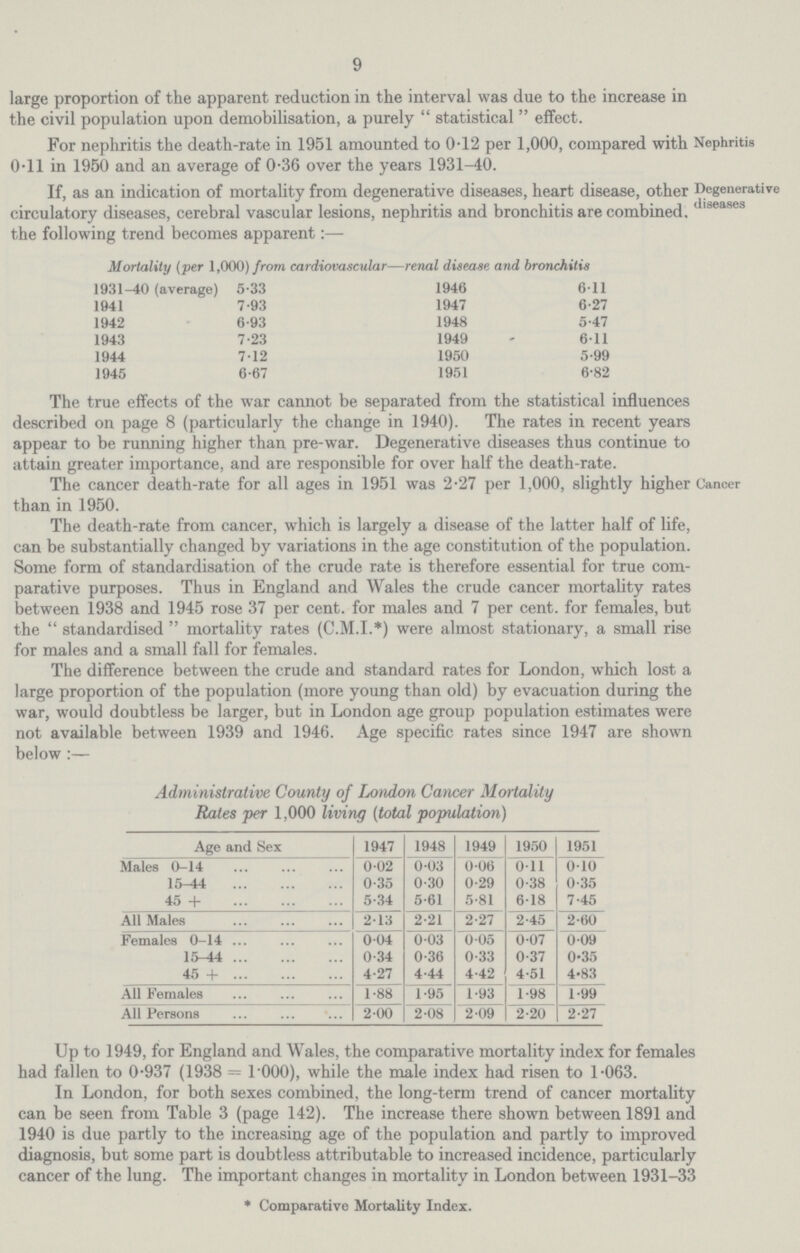 9 Nephritis large proportion of the apparent reduction in the interval was due to the increase in the civil population upon demobilisation, a purely  statistical  effect. For nephritis the death-rate in 1951 amounted to 0.12 per 1,000, compared with 0.11 in 1950 and an average of 0.36 over the years 1931-40. Degenerative diseases If, as an indication of mortality from degenerative diseases, heart disease, other circulatory diseases, cerebral vascular lesions, nephritis and bronchitis are combined, the following trend becomes apparent:— Mortality (per 1,000) from cardiovascular—renal disease and bronchitis 1931-40 (average) 5.33 1946 6.11 1941 7.93 1947 6.27 1942 6.93 1948 5.47 1943 7.23 1949 6.11 1944 7.12 1950 5.99 1945 6.67 1951 6.82 The true effects of the war cannot be separated from the statistical influences described on page 8 (particularly the change in 1940). The rates in recent years appear to be running higher than pre-war. Degenerative diseases thus continue to attain greater importance, and are responsible for over half the death-rate. Cancer The cancer death-rate for all ages in 1951 was 2.27 per 1,000, slightly higher than in 1950. The death-rate from cancer, which is largely a disease of the latter half of life, can be substantially changed by variations in the age constitution of the population. Some form of standardisation of the crude rate is therefore essential for true com parative purposes. Thus in England and Wales the crude cancer mortality rates between 1938 and 1945 rose 37 per cent. for males and 7 per cent. for females, but the  standardised  mortality rates (C.M.I.*) were almost stationary, a small rise for males and a small fall for females. The difference between the crude and standard rates for London, which lost a large proportion of the population (more young than old) by evacuation during the war, would doubtless be larger, but in London age group population estimates were not available between 1939 and 1946. Age specific rates since 1947 are shown below:— Administrative County of London Cancer Mortality Rates per 1,000 living (total population) Age and Sex 1947 1948 1949 1950 1951 Males 0-14 0.02 0.03 0.06 0.11 0.10 15-14 0.35 0.30 0.29 0.38 0.35 45 + 5.34 5.61 5.81 6.18 7.45 All Males 2.13 2.21 2.27 2.45 2.60 Females 0-14 0.04 0.03 0.05 0.07 0.09 15-44 0.34 0.36 0.33 0.37 0.35 45 + 4.27 4.44 4.42 4.51 4.83 All Females 1.88 1.95 1.93 1.98 1.99 All Persons 2.00 2.08 2.09 2.20 2.27 Up to 1949, for England and Wales, the comparative mortality index for females had fallen to 0.937 (1938 = 1.000), while the male index had risen to 1.063. In London, for both sexes combined, the long-term trend of cancer mortality can be seen from Table 3 (page 142). The increase there shown between 1891 and 1940 is due partly to the increasing age of the population and partly to improved diagnosis, but some part is doubtless attributable to increased incidence, particularly cancer of the lung. The important changes in mortality in London between 1931-33 * Comparative Mortality Index.