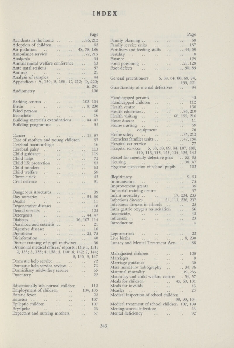 INDEX Page Accidents in the home 86, 212 Adoption of children 62 Air pollution 48, 78, 186 Ambulance service 77, 215 Analgesia 65 Annual moral welfare conference 63 Ante natal sessions 57 Anthrax .. 21 Analysis of samples 44 Appendices: A, 150; B, 186; C, 212; D, 229; E, 241 Audiometry 106 Bathing centres 103, 104 Births 8, 230 Blind persons 40 Bronchitis 16 Building materials examinations 44, 47 Building programme 52 Cancer 15, 87 Care of mothers and young children 57 Cerebral haemorrhage 16 Cerebral palsy 113 Child guidance 119 Child helps 72 Child life protection 63 Child-minders 62 Child welfare 59 Chronic sick 43 Civil defence 81 Dangerous structures 39 Day nurseries 54, 60 Deaths 11 Degenerative diseases 16 Dental services 123 Detergents 44, 47 Diabetes 16,107,114 Diarrhoea and enteritis 21 Digestive diseases 16 Diphtheria 22, 75 Disinfestation 40 District training of pupil midwives . . 66 Divisional medical officers' reports : Div 1, 131; 2, 133; 3, 135; 4, 138; 5, 140; 6, 142; 7, 144; 8, 146; 9, 147 Domestic help service 72 Domestic help service review 73 Domiciliary midwifery service 65 Dysentery 22 Educationally sub-normal children 112 Employment of children 104, 105 Enteric fever 22 Enuresis 107 Epileptic children 107 Erysipelas 23 Expectant and nursing mothers 57 Page Family planning 58 Family service units 157 Fertilisers and feeding stuffs 44, 50 Fertility 8 Finance129 Food poisoning 23,128 Foot defects 50, 85 General practitioners 5, 38, 64, 66, 68, 74, 155, 221 Guardianship of mental defectives 94 Handicapped persons 43 Handicapped children 112 Health centre 138 Health education86,219 Health visiting 68, 155, 216 Heart disease 11 Home nursing 69 „ „ equipment 70 Home safety 85,212 Homeless families units 42,158 Hospital car service 77 Hospital services 5, 38, 58, 89, 94, 107, 109, 110, 113, 115, 125, 134, 135, 143 Hostel for mentally defective girls 55, 95 Housing 38, 47 Hygiene inspection of school pupils 103 Illegitimacy 9, 63 Immunisation 75 Improvement grants 39 Industrial training centre 97 Infant mortality . . 17, 234, 235 Infectious diseases .. 21,111,236,237 Infectious diseases in schools 25 Intra gastric oxygen resuscitation 66 Insecticides 45 Influenza 23 Introduction 4 Leptospirosis 23 Live births 8, 230 Lunacy and Mental Treatment Acts 88 Maladjusted children 120 Marriages 9 Marriage guidance 60 Mass miniature radiography 34, 36 Maternal mortality 19,235 Maternity and child welfare centres 54, 57 Meals for children 45, 50, 101 Meals for invalids 43 Measles 23 Medical inspection of school children 98, 99, 104 Medical treatment of school children 107, 109 Meningococcal infections 23 Mental deficiency 92 243