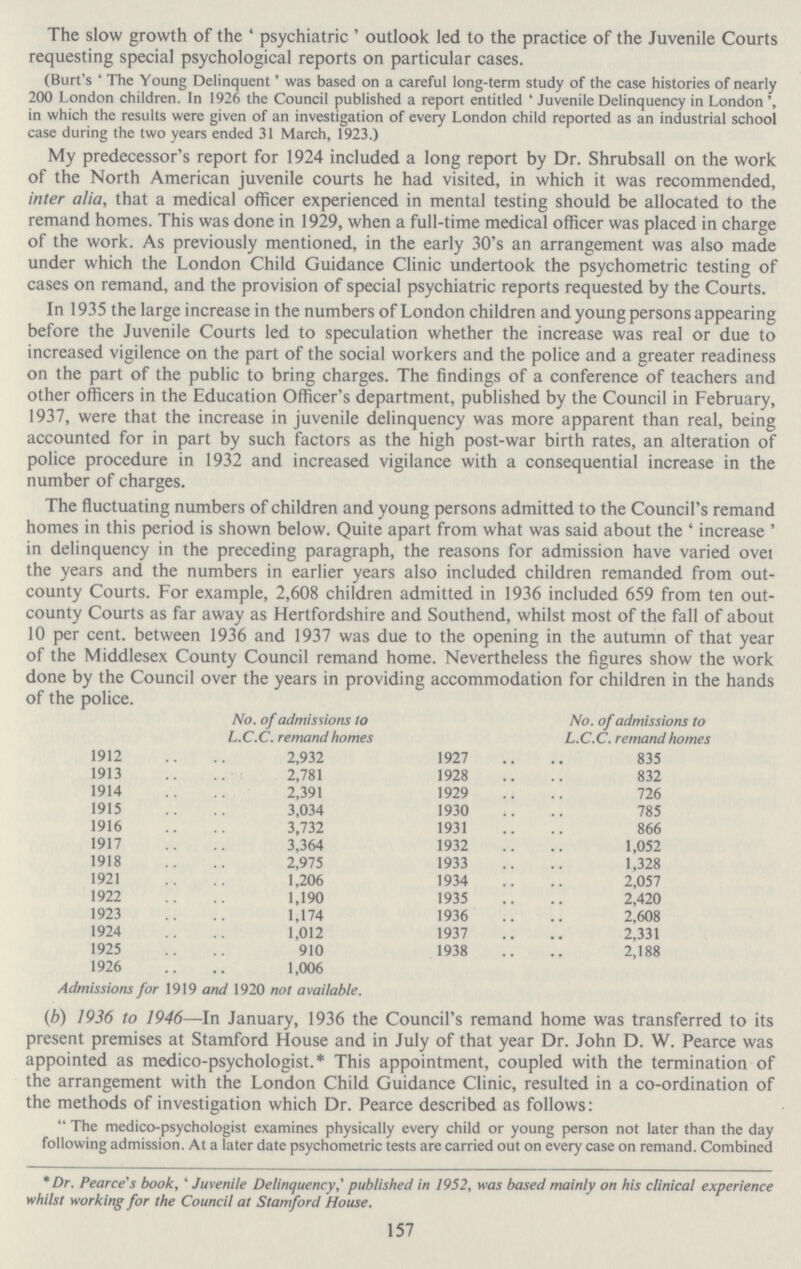 The slow growth of the 'psychiatric' outlook led to the practice of the Juvenile Courts requesting special psychological reports on particular cases. (Burt's 'The Young Delinquent' was based on a careful long-term study of the case histories of nearly 200 London children. In 1926 the Council published a report entitled 'Juvenile Delinquency in London', in which the results were given of an investigation of every London child reported as an industrial school case during the two years ended 31 March, 1923.) My predecessor's report for 1924 included a long report by Dr. Shrubsall on the work of the North American juvenile courts he had visited, in which it was recommended, inter alia, that a medical officer experienced in mental testing should be allocated to the remand homes. This was done in 1929, when a full-time medical officer was placed in charge of the work. As previously mentioned, in the early 30's an arrangement was also made under which the London Child Guidance Clinic undertook the psychometric testing of cases on remand, and the provision of special psychiatric reports requested by the Courts. In 1935 the large increase in the numbers of London children and young persons appearing before the Juvenile Courts led to speculation whether the increase was real or due to increased vigilence on the part of the social workers and the police and a greater readiness on the part of the public to bring charges. The findings of a conference of teachers and other officers in the Education Officer's department, published by the Council in February, 1937, were that the increase in juvenile delinquency was more apparent than real, being accounted for in part by such factors as the high post-war birth rates, an alteration of police procedure in 1932 and increased vigilance with a consequential increase in the number of charges. The fluctuating numbers of children and young persons admitted to the Council's remand homes in this period is shown below. Quite apart from what was said about the 'increase' in delinquency in the preceding paragraph, the reasons for admission have varied over the years and the numbers in earlier years also included children remanded from out county Courts. For example, 2,608 children admitted in 1936 included 659 from ten out county Courts as far away as Hertfordshire and Southend, whilst most of the fall of about 10 per cent. between 1936 and 1937 was due to the opening in the autumn of that year of the Middlesex County Council remand home. Nevertheless the figures show the work done by the Council over the years in providing accommodation for children in the hands of the police. No. of admissions to L.C.C. remand homes No. of admissions to L.C.C. remand homes 1912 2,932 1927 835 1913 2,781 1928 832 1914 2,391 1929 726 1915 3,034 1930 785 1916 3,732 1931 866 1917 3,364 1932 1,052 1918 2,975 1933 1,328 1921 1,206 1934 2,057 1922 1,190 1935 2,420 1923 1,174 1936 2,608 1924 1,012 1937 2,331 1925 910 1938 2,188 1926 1,006 Admissions for 1919 and 1920 not available. (b) 1936 to 1946—In January, 1936 the Council's remand home was transferred to its present premises at Stamford House and in July of that year Dr. John D. W. Pearce was appointed as medico-psychologist.* This appointment, coupled with the termination of the arrangement with the London Child Guidance Clinic, resulted in a co-ordination of the methods of investigation which Dr. Pearce described as follows:  The medico-psychologist examines physically every child or young person not later than the day following admission. At a later date psychometric tests are carried out on every case on remand. Combined * Dr. Pearce's book, 'Juvenile Delinquency,'published in 1952, was based mainly on his clinical experience whilst working for the Council at Stamford House. 157