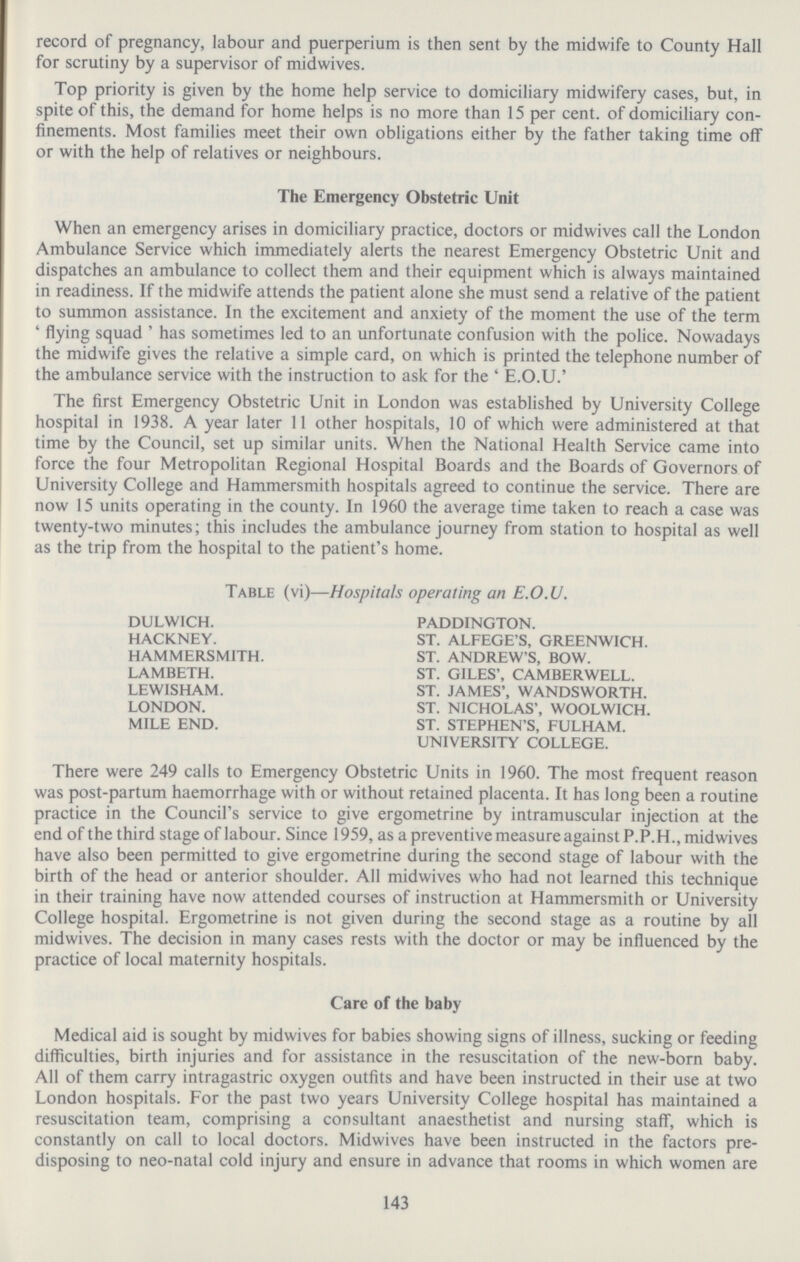 record of pregnancy, labour and puerperium is then sent by the midwife to County Hall for scrutiny by a supervisor of midwives. Top priority is given by the home help service to domiciliary midwifery cases, but, in spite of this, the demand for home helps is no more than 15 per cent. of domiciliary con finements. Most families meet their own obligations either by the father taking time off or with the help of relatives or neighbours. The Emergency Obstetric Unit When an emergency arises in domiciliary practice, doctors or midwives call the London Ambulance Service which immediately alerts the nearest Emergency Obstetric Unit and dispatches an ambulance to collect them and their equipment which is always maintained in readiness. If the midwife attends the patient alone she must send a relative of the patient to summon assistance. In the excitement and anxiety of the moment the use of the term ' flying squad ' has sometimes led to an unfortunate confusion with the police. Nowadays the midwife gives the relative a simple card, on which is printed the telephone number of the ambulance service with the instruction to ask for the ' E.O.U.' The first Emergency Obstetric Unit in London was established by University College hospital in 1938. A year later 11 other hospitals, 10 of which were administered at that time by the Council, set up similar units. When the National Health Service came into force the four Metropolitan Regional Hospital Boards and the Boards of Governors of University College and Hammersmith hospitals agreed to continue the service. There are now 15 units operating in the county. In 1960 the average time taken to reach a case was twenty.two minutes; this includes the ambulance journey from station to hospital as well as the trip from the hospital to the patient's home. Table (vi)—Hospitals operating an E.O.U. dulwich. paddington. hackney. st. alfege's, greenwich. hammersmith. st. andrew's, bow. lambeth. st. giles', camberwell. lewisham. st. james', wandsworth. london. st. nicholas', woolwich. mile end. st. stephen's, fulham. university college. There were 249 calls to Emergency Obstetric Units in 1960. The most frequent reason was post.partum haemorrhage with or without retained placenta. It has long been a routine practice in the Council's service to give ergometrine by intramuscular injection at the end of the third stage of labour. Since 1959, as a preventive measure against P.P.H., midwives have also been permitted to give ergometrine during the second stage of labour with the birth of the head or anterior shoulder. All midwives who had not learned this technique in their training have now attended courses of instruction at Hammersmith or University College hospital. Ergometrine is not given during the second stage as a routine by all midwives. The decision in many cases rests with the doctor or may be influenced by the practice of local maternity hospitals. Care of the baby Medical aid is sought by midwives for babies showing signs of illness, sucking or feeding difficulties, birth injuries and for assistance in the resuscitation of the new.born baby. All of them carry intragastric oxygen outfits and have been instructed in their use at two London hospitals. For the past two years University College hospital has maintained a resuscitation team, comprising a consultant anaesthetist and nursing staff, which is constantly on call to local doctors. Midwives have been instructed in the factors pre disposing to neo-natal cold injury and ensure in advance that rooms in which women are 143