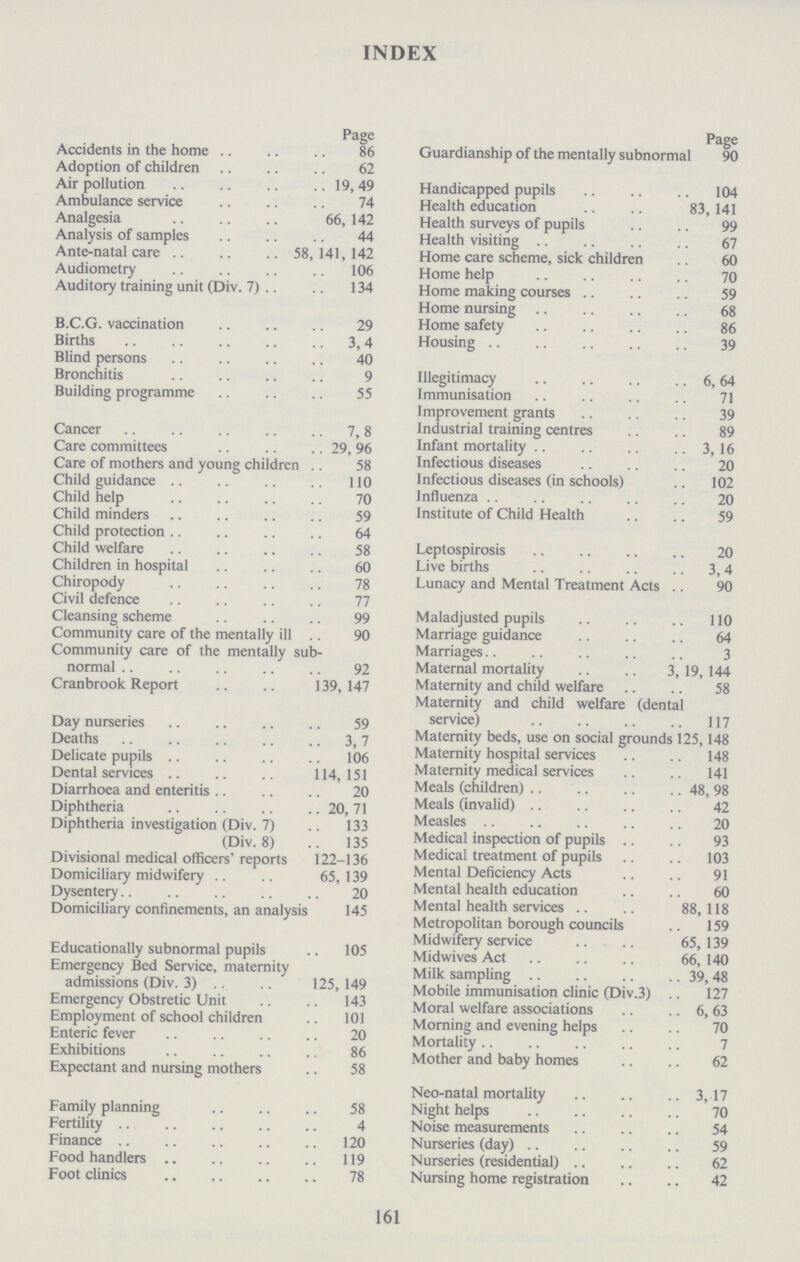 161 INDEX Page Page Accidents in the home 86 Guardianship of the mentally subnormal 90 Adoption of children 62 Air pollution 19,49 Handicapped pupils 104 Ambulance service 74 Health education 83, 141 Analgesia 66, 142 Health surveys of pupils 99 Analysis of samples 44 Health visiting 67 Ante-natal care .. .. .. 58,141,142 Home care scheme, sick children 60 Audiometry 106 Home help 70 Auditory training unit (Div. 7) 134 Home making courses 59 Home nursing 68 B.C.G. vaccination 29 Home safety 86 Births 3,4 Housing 39 Blind persons 40 Bronchitis 9 Illegitimacy 6,64 Building programme 55 Immunisation 71 Improvement grants 39 Cancer 7,8 Industrial training centres 89 Care committees 29, 96 Infant mortality 3, 16 Care of mothers and young children 58 Infectious diseases 20 Child guidance 110 Infectious diseases (in schools) 102 Child help 70 Influenza 20 Child minders 59 Institute of Child Health 59 Child protection 64 Child welfare 58 Leptospirosis 20 Children in hospital 60 Live births 3,4 Chiropody 78 Lunacy and Mental Treatment Acts 90 Civil defence 77 Cleansing scheme 99 Maladjusted pupils 110 Community care of the mentally ill 90 Marriage guidance 64 Community care of the mentally sub¬ Marriages 3 normal 92 Maternal mortality 3, 19, 144 Cranbrook Report 139,147 Maternity and child welfare 58 Maternity and child welfare (dental Day nurseries 59 service) 117 Dea.thS 3 7 Maternity beds, use on social grounds 125,148 Delicate pupils 106 Maternity hospital services 148 Dental services 114 151 Maternity medical services 141 Diarrhœa and enteritis 20 Meals (children) 48, 98 Diphtheria 20,71 Meals (invalid) 42 Diphtheria investigation (Div. 7) 133 Measles 20 (Div 8) 135 Medical inspection of pupils 93 Divisional medical officers'reports 122-136 Medical treatment of pupils 103 Domiciliary midwifery 65,139 Mental Deficiency Acts 91 Dysentery 20 Mental health education 60 Domiciliary confinements, an analysis 145 Mental health services 88,118 Metropolitan borough councils 159 Midwifery service 65,139 Educationally subnormal pupils .. 105 Midwives Act 66 140 Emergency Bed Service, maternity Milk sampling 39,48 admissions (Div. 3) 125,149 Mobile immunisation clinic (Div.3) 127 Emergency Obstretic Unit 143 Moral welfare associations 6,63 Employment of school children 101 Morning and evening helps 70 Entenc fever 20 Mortality 7 Exhibitions 86 Mother and baby homes 62 Expectant and nursing mothers 58 Neo-natal mortality 3,17 Family planning 58 Night helps 70 Fertility 4 Noise measurements 54 Finance 120 Nurseries (day) 59 Food handlers 119 Nurseries (residential) 62 Foot clinics 78 Nursing home registration 42